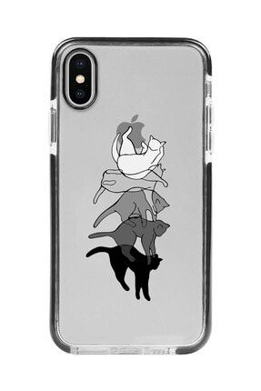 Iphone X Siyah Kenarlı Anti Shock Kediler Desenli Telefon Kılıfı IPXANTI-174