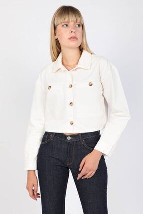 Kadın Cep Detaylı Crop Jean Ceket Ekru C11631