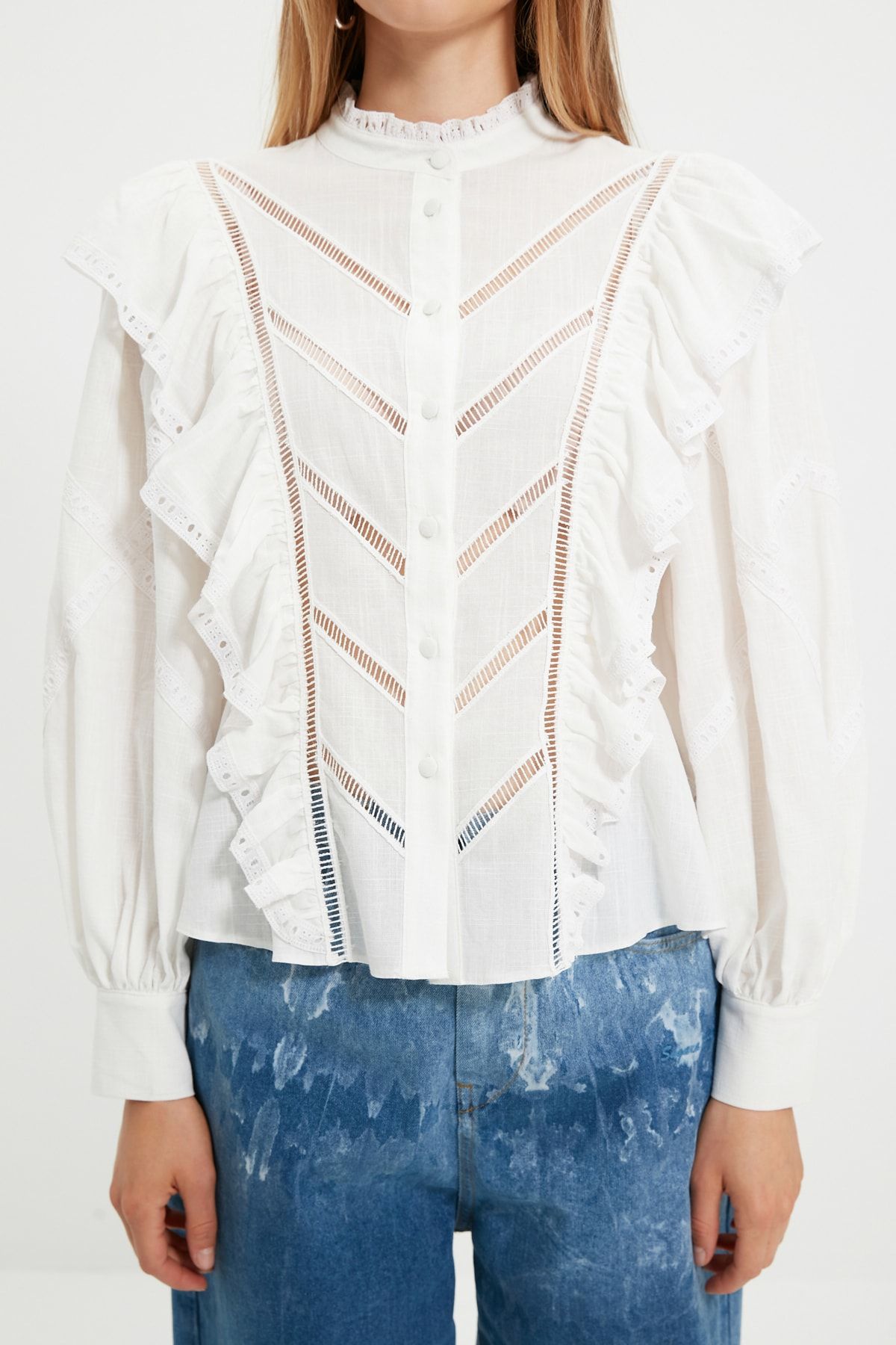 Trendyol Collection-Gewebtes Hemd Ecru mit Accessoires - TPRAW22GO1089 5