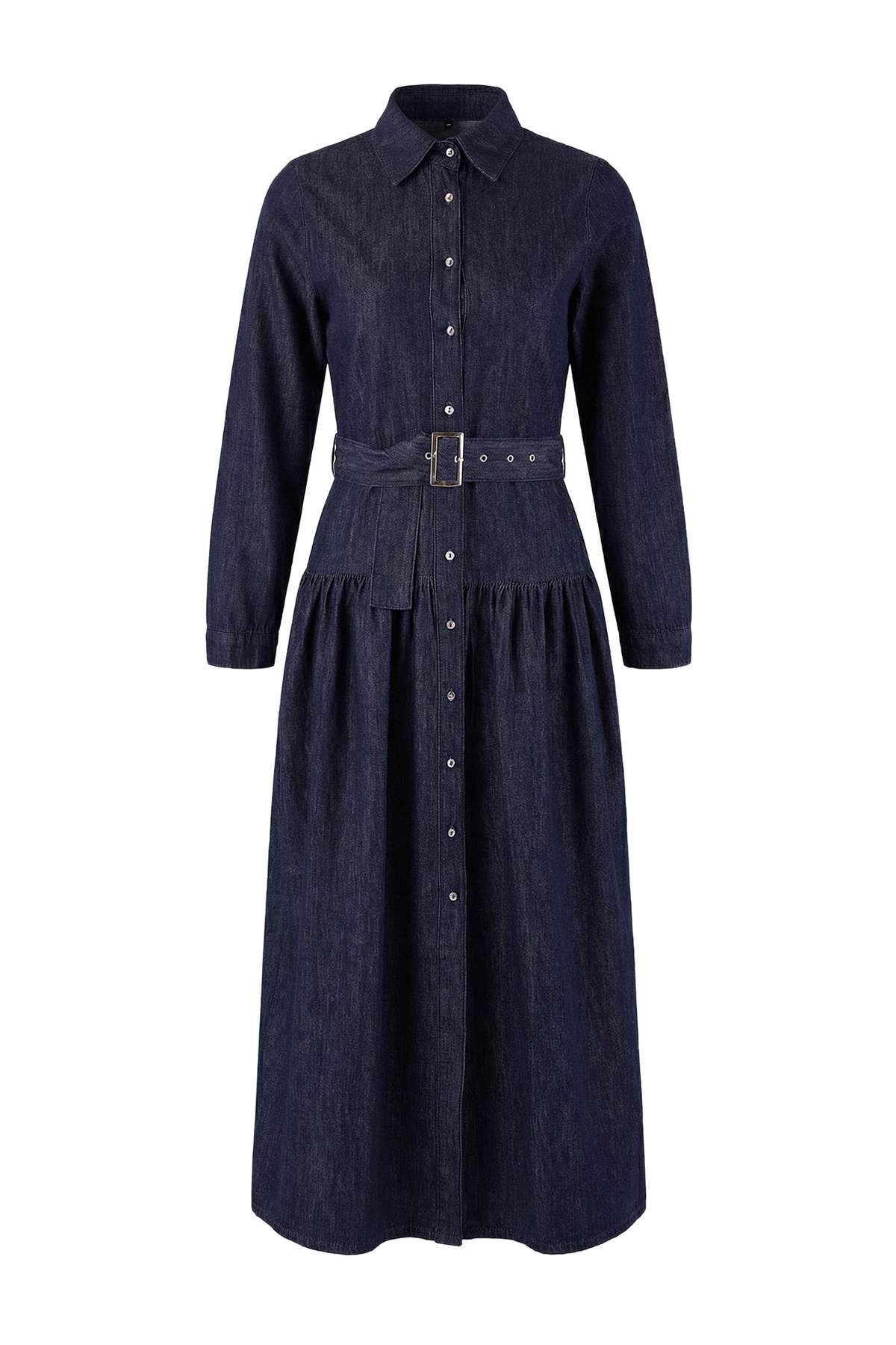 Trendyol Collection Dunkelblaues, drapiertes Maxi-Kleid aus 100 % Baumwoll-De...