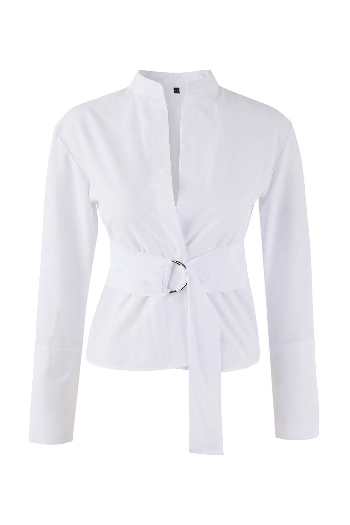 Trendyolmilla  Beyaz Kuşaklı Önü Çıtçıtlı Ayarlanabilir Gömlek TWOAW26GO00067 - Görsel 5