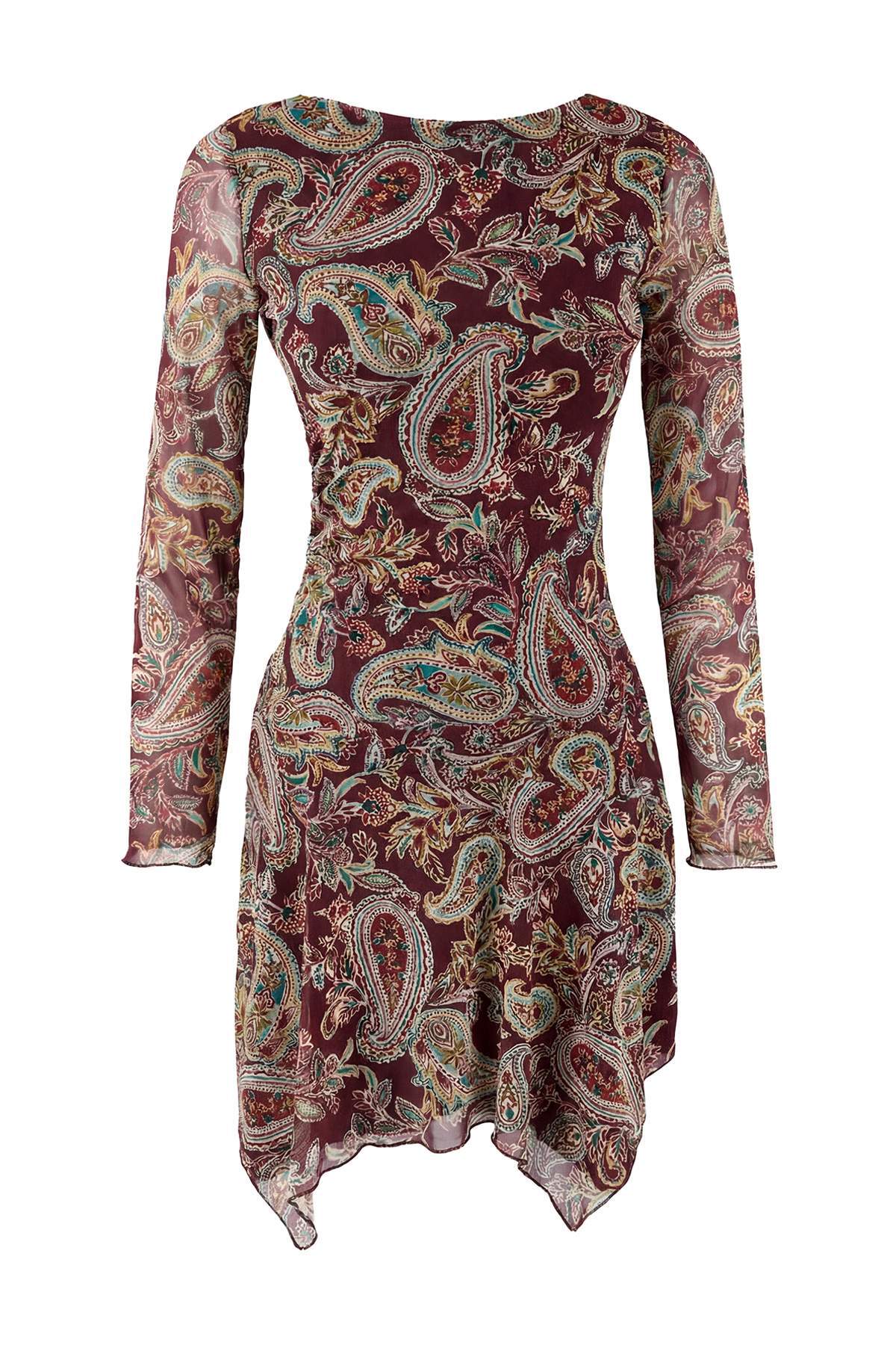 Trendyolmilla  Çok Renkli Şal Desen Boho Chic A-Kesim Asimetrik Kayık Yaka Mini Tül Örme Elbise TWOSS26EL00104 - Görsel 5