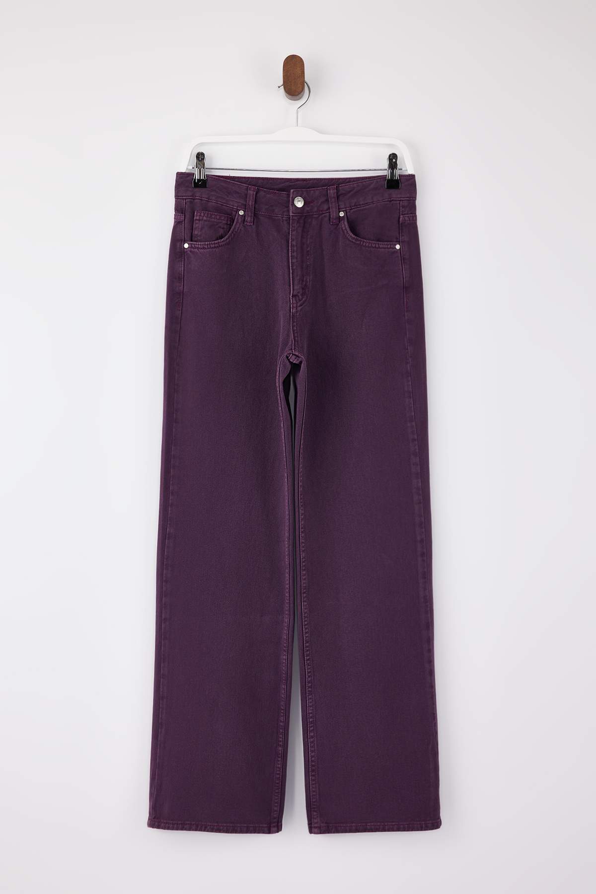 Trendyolmilla  Mor Yıkama Efektli Yüksek Bel %100 Pamuk Uzun Boy Wide Leg Jeans TWOSS26JE00047 - Görsel 5
