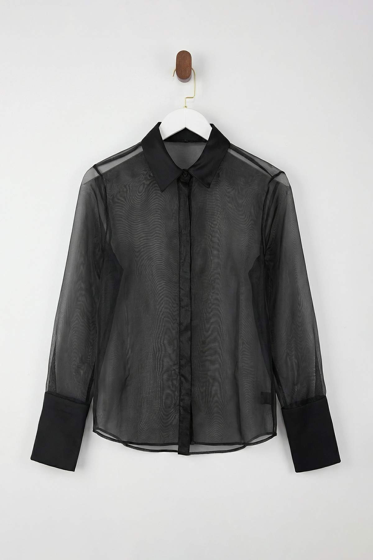 Trendyolmilla  Siyah Organze Geniş Kesim Astarsız Party Gömlek TPRSS26GO00001 - Görsel 5