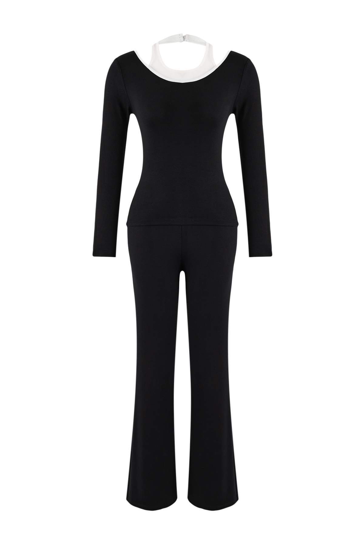 Trendyolmilla  Siyah Renk Bloklu Fitted/Vücuda Oturan İspanyol Paça Pamuk Ribana Örme Alt-Üst Takım TWOSS26AU00037 - Görsel 5