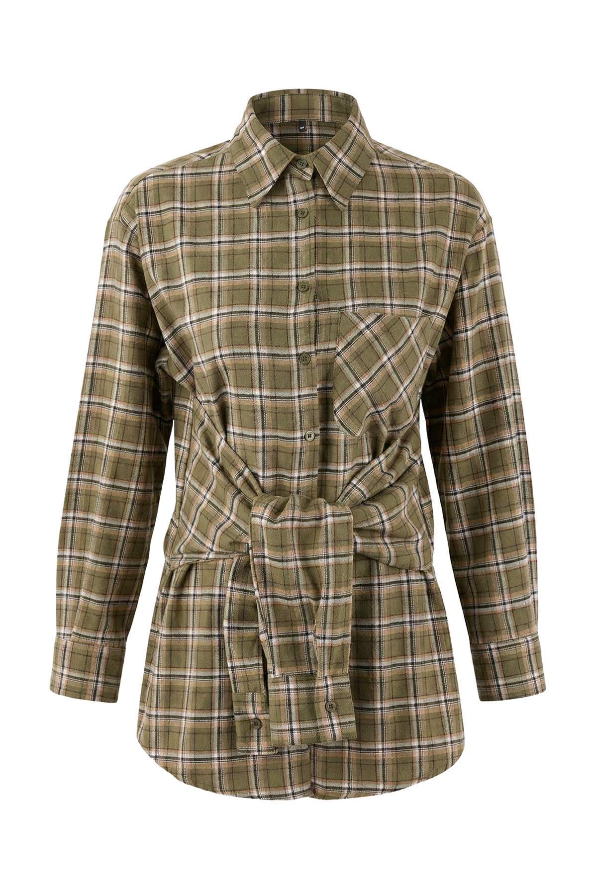 Trendyolmilla  Yeşil Ekoseli Belden Bağlamalı Flanel Gömlek TWOAW26GO00156 - Görsel 5