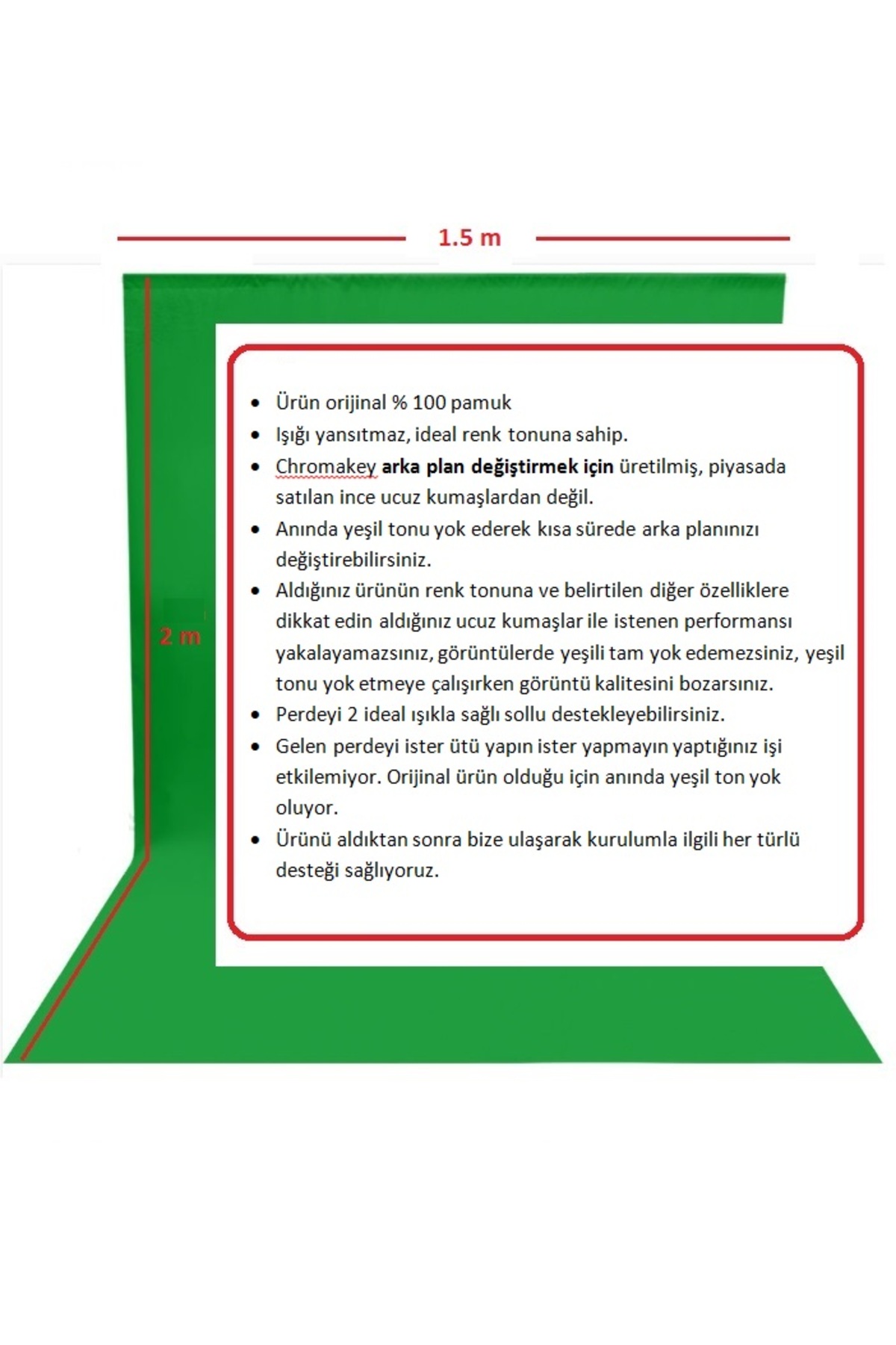 1.5x2 m Chromakey-Green Screen- Greenbox Yeşil Fon Perde+ 4 fon mandalı