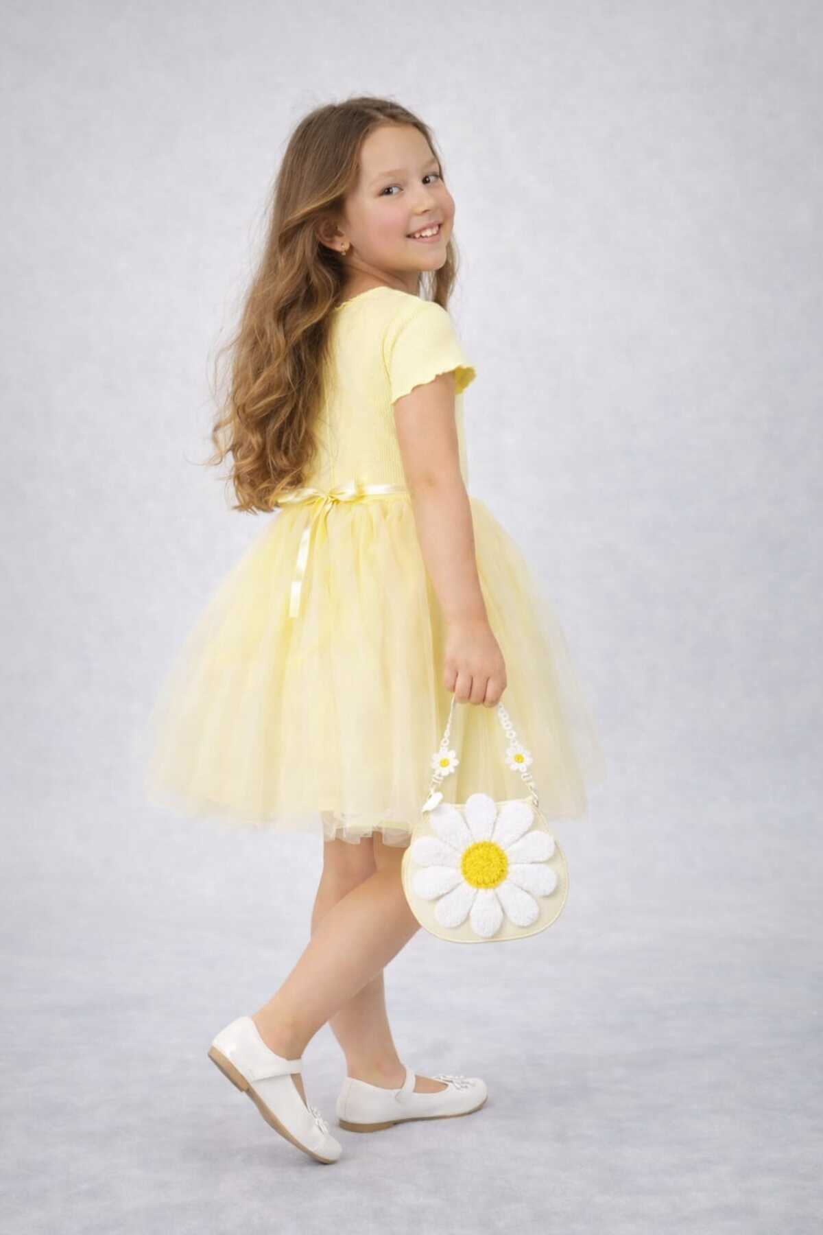 neocotton  Tüllü Baskısız Düz Üst Kısım Ribana Alt Kısım Astarlı Tütü Etek Kız Çocuk Prenses Kısa Kollu Elbise - Görsel 3