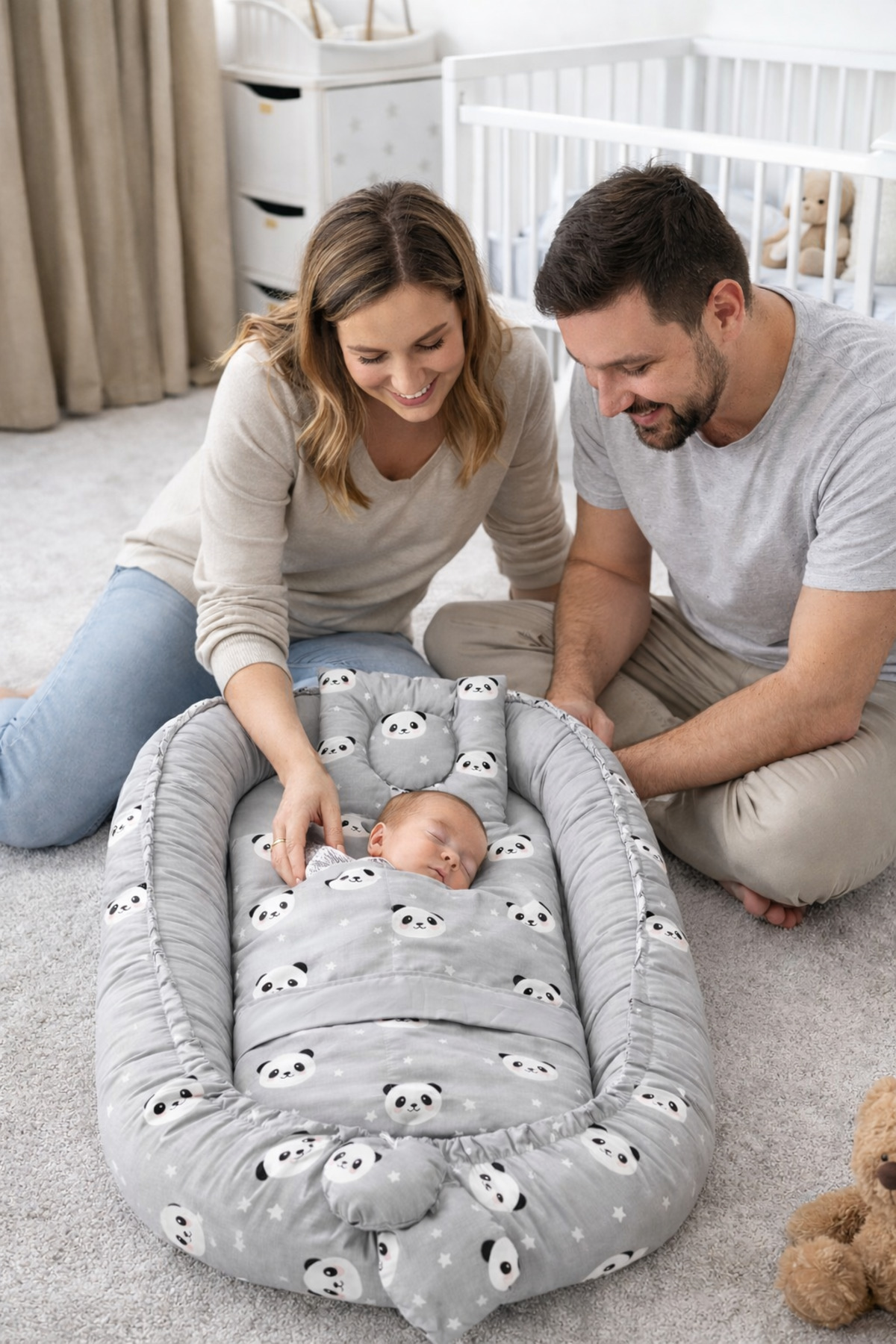 Jaju Baby Babynest Gri Panda Ve Battaniye Yastık 3 Parça Set Lüx Tasarım Nest Anne Yanı Yatak Set fotoğrafı 3 (önizleme)