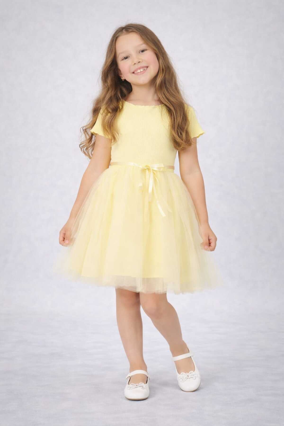 neocotton  Tüllü Baskısız Düz Üst Kısım Ribana Alt Kısım Astarlı Tütü Etek Kız Çocuk Prenses Kısa Kollu Elbise - Görsel 2