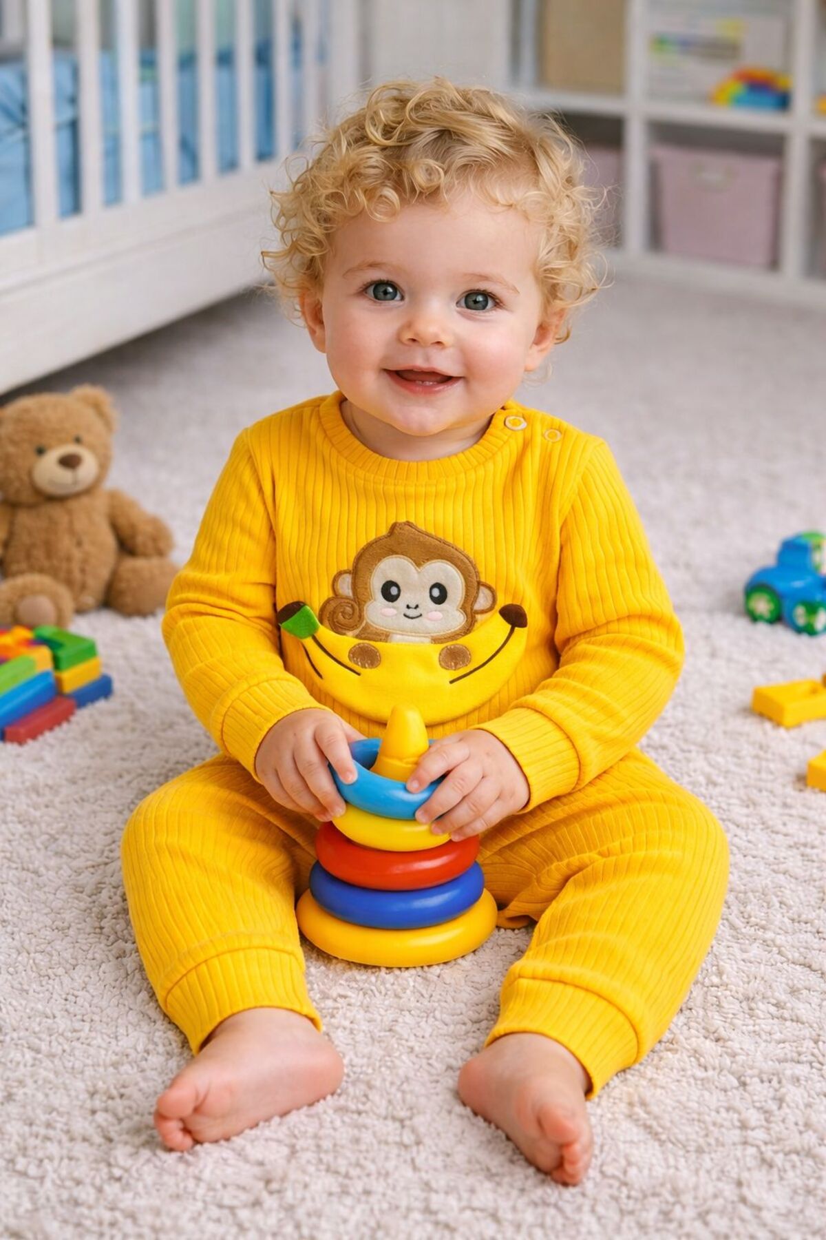 Monkey Embroidered Baby Seasonal Bottom Top Set