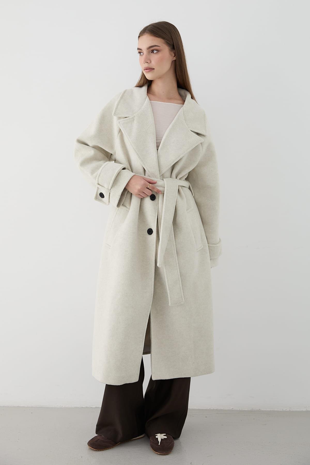 JASTE  Kadın Geniş Rever Yaka Kuşaklı Uzun Kaban TAŞ - Görsel 4