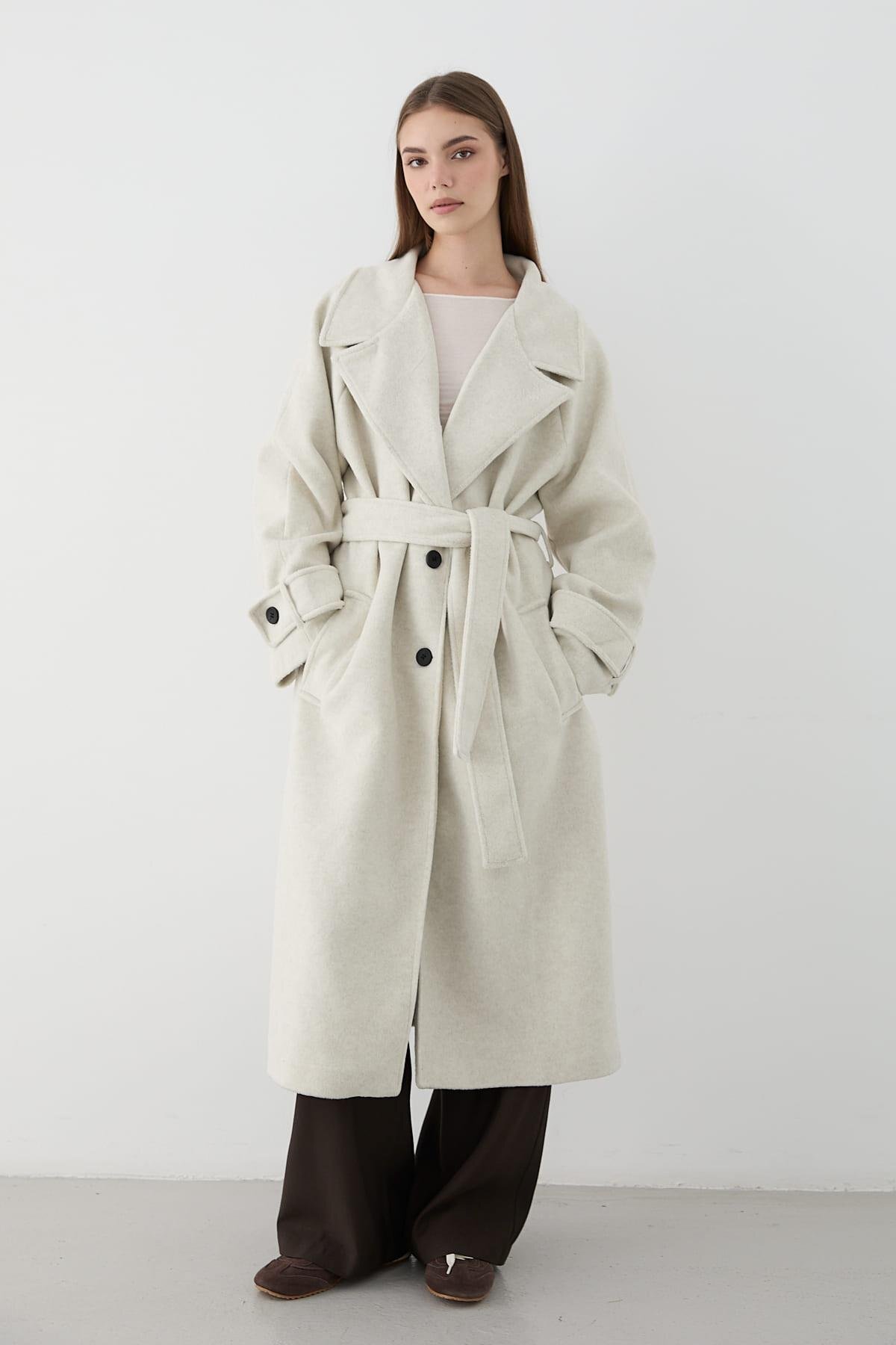 JASTE  Kadın Geniş Rever Yaka Kuşaklı Uzun Kaban TAŞ - Görsel 3