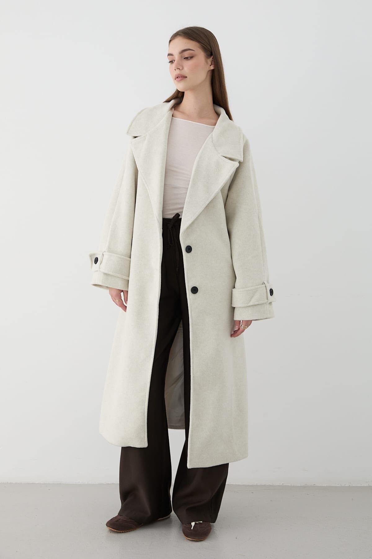 JASTE  Kadın Geniş Rever Yaka Kuşaklı Uzun Kaban TAŞ