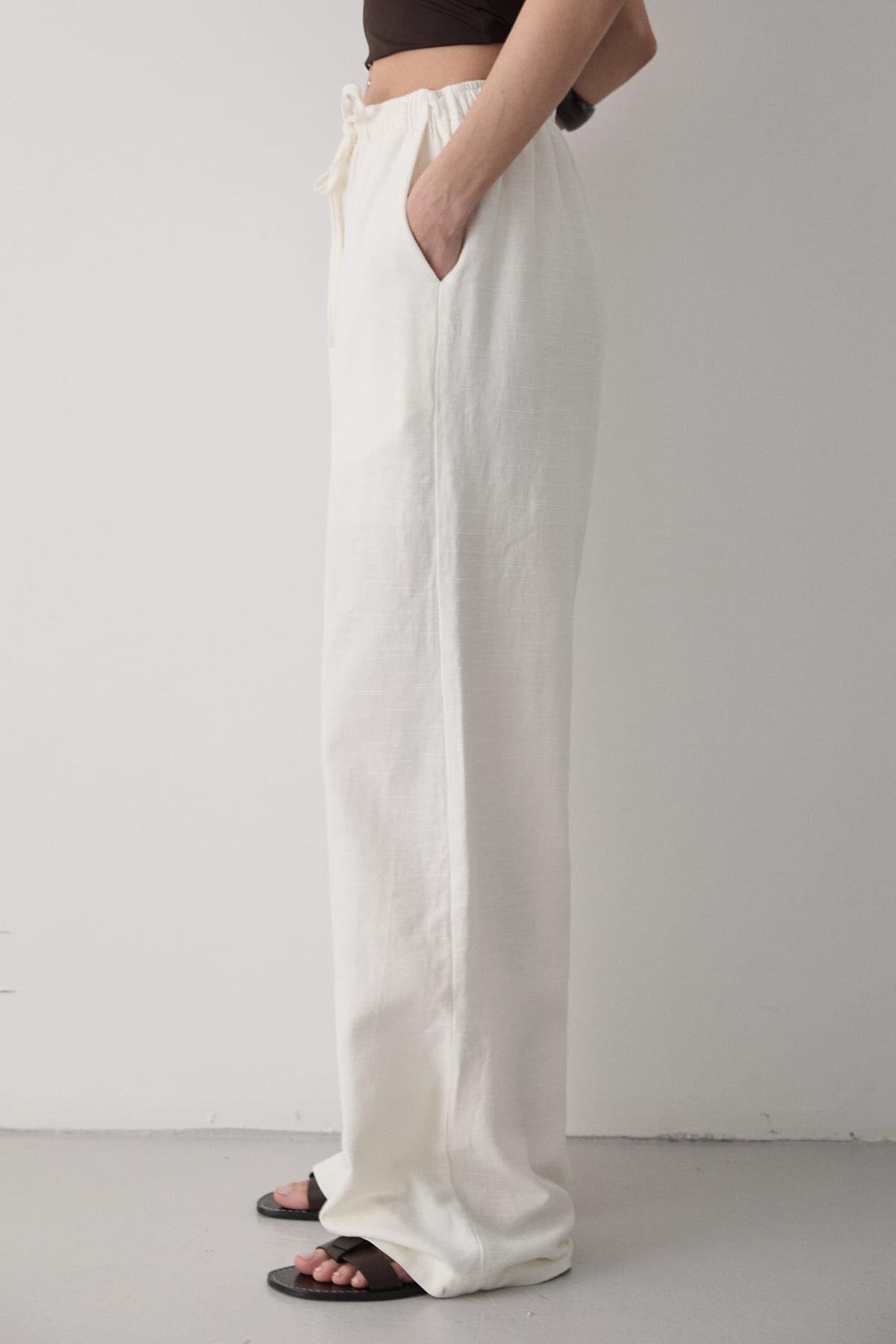 JASTE  Kadın Beli Lastikli Bol Paça Palazzo Keten Pantolon EKRU - Görsel 5