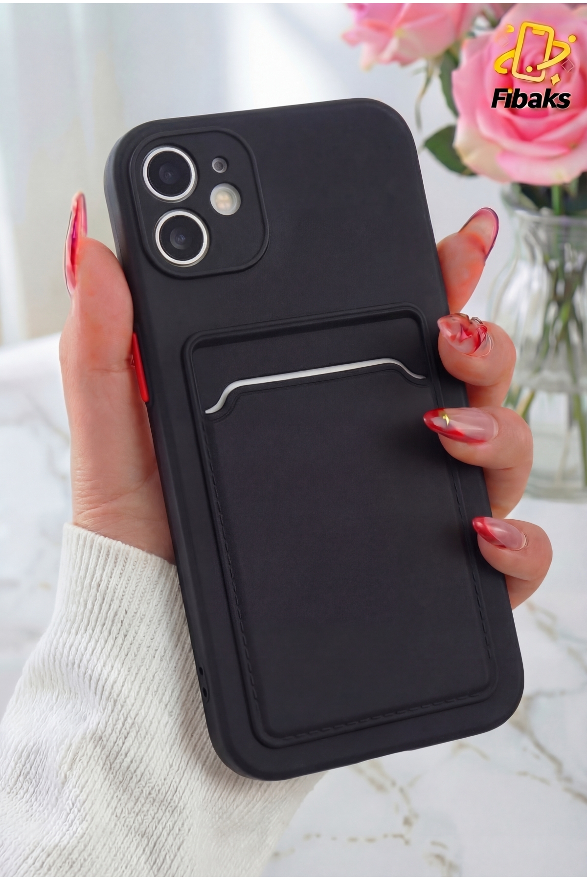 iPhone 12 Case Black Silicone Cover with Red Keys and Wallet with Camera Protected Card Holder