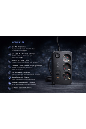 ROSE TEKNOLOJİ ROSE TEKNOLOJİ TERMAL AKIM KORUMALI 3 PRİZ 2 USB 1 TYPEC GİRİŞ...