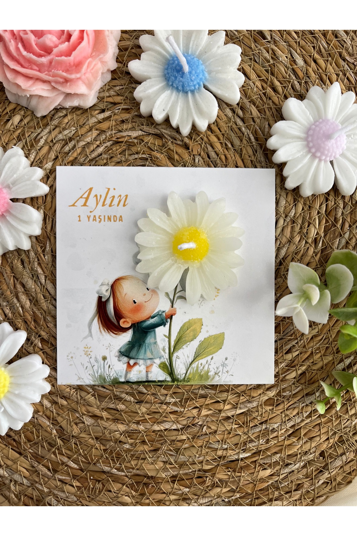 Genel Markalar 10 Adet Özel Tasarlanmış Kart Ve Papatya Mum. Bebek Doğum, Babyshower, Doğum Günü, Hediyelik fotoğrafı 2 (önizleme)