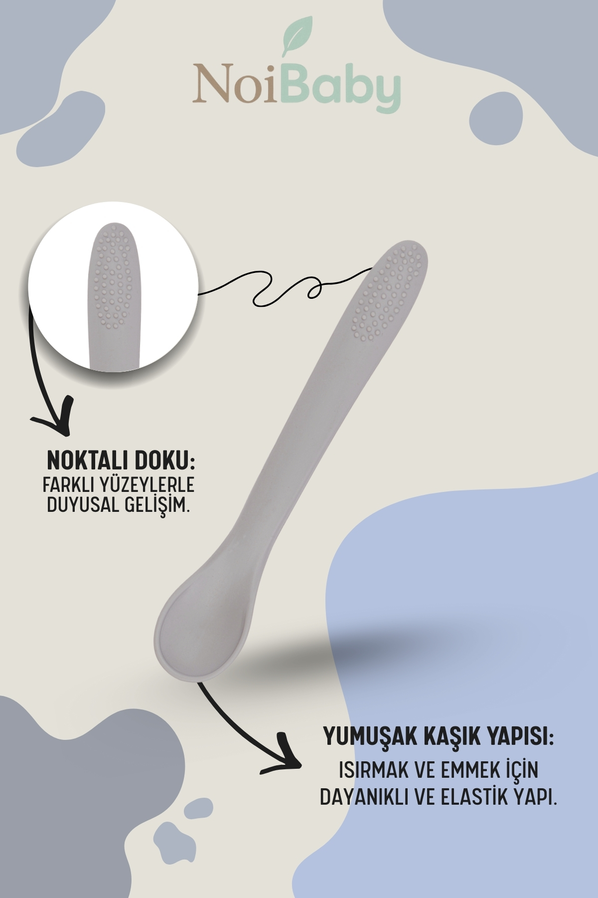 NoiBaby Gri 3’Lü Silikon Yemek Seti – Önlük + Diş Kaşıyıcılı Kaşık + Vakumlu Tabak fotoğrafı 6 (önizleme)