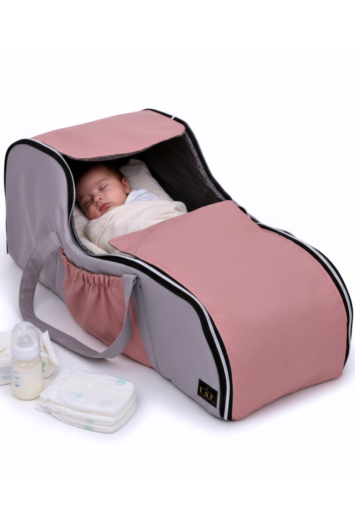 USF Ana Kucağı Portbebe Gri Pembe Bebek Puset Bebek taşıma çantası fotoğrafı 2 (önizleme)