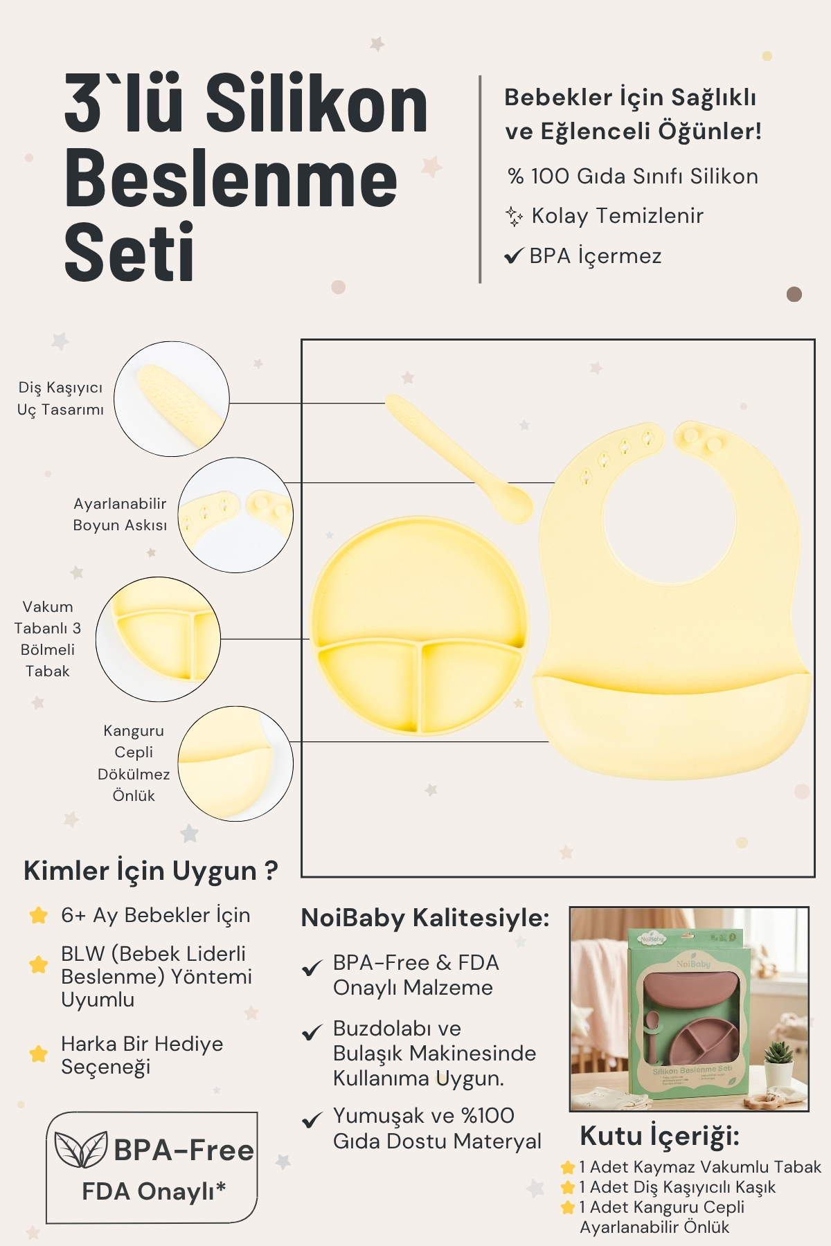 NoiBaby Sarı 3’Lü Silikon Yemek Seti – Önlük + Diş Kaşıyıcılı Kaşık + Vakumlu Tabak fotoğrafı 4 (önizleme)