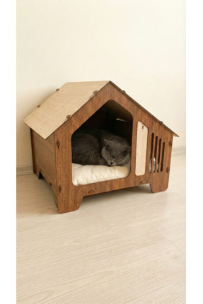 Pawudio Ahşap Özel İsim Baskılı Kedi ve Küçük Irk Köpek Evi – İç Mekan Kulübesi