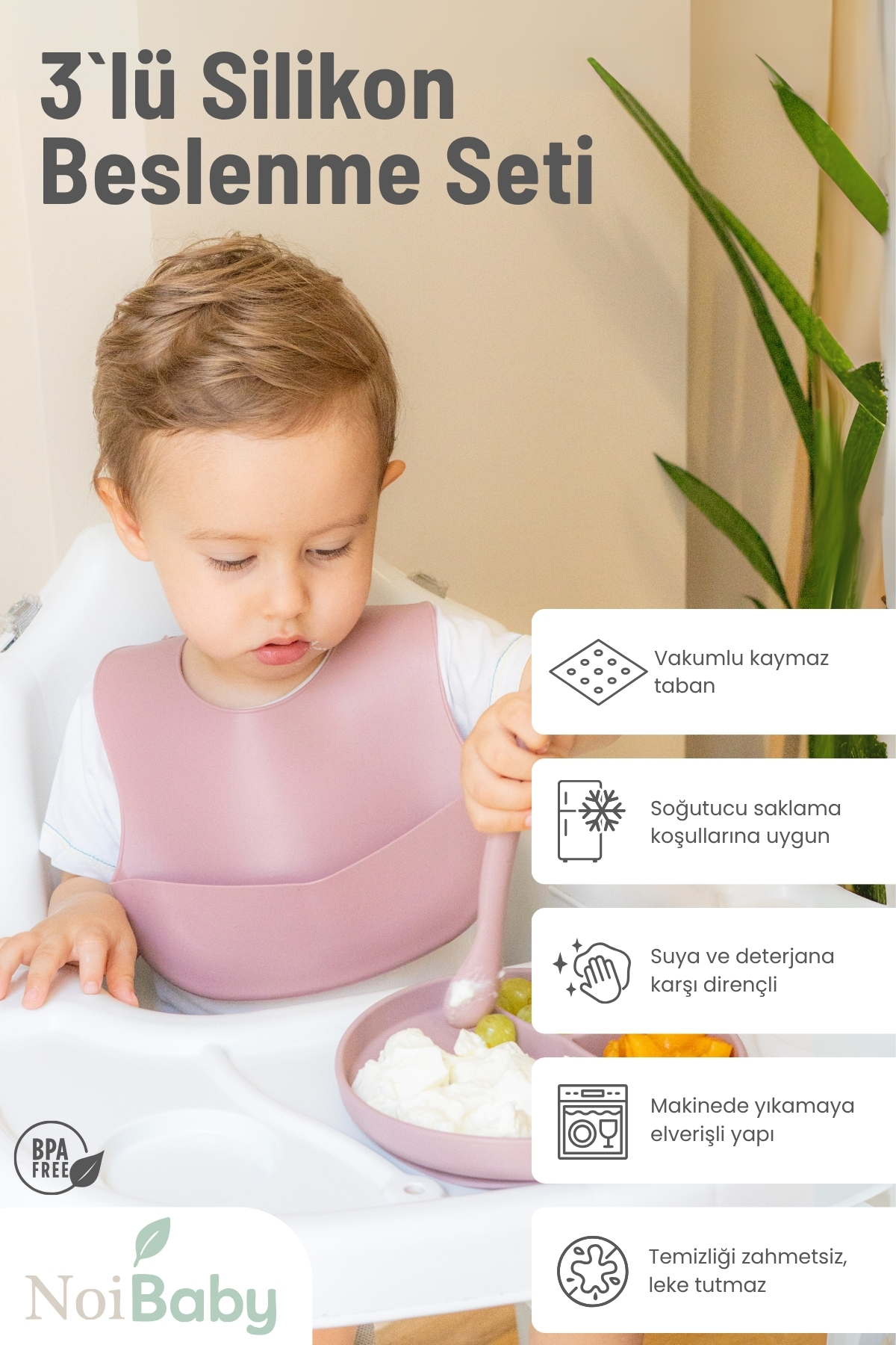 NoiBaby Vakum Tabanlı Silikon Tabak -Diş Kaşıyıcılı Kaşık-Silikon Önlük-Bebek Beslenme Seti 3'lü Set-(Pembe) fotoğrafı 5 (önizleme)