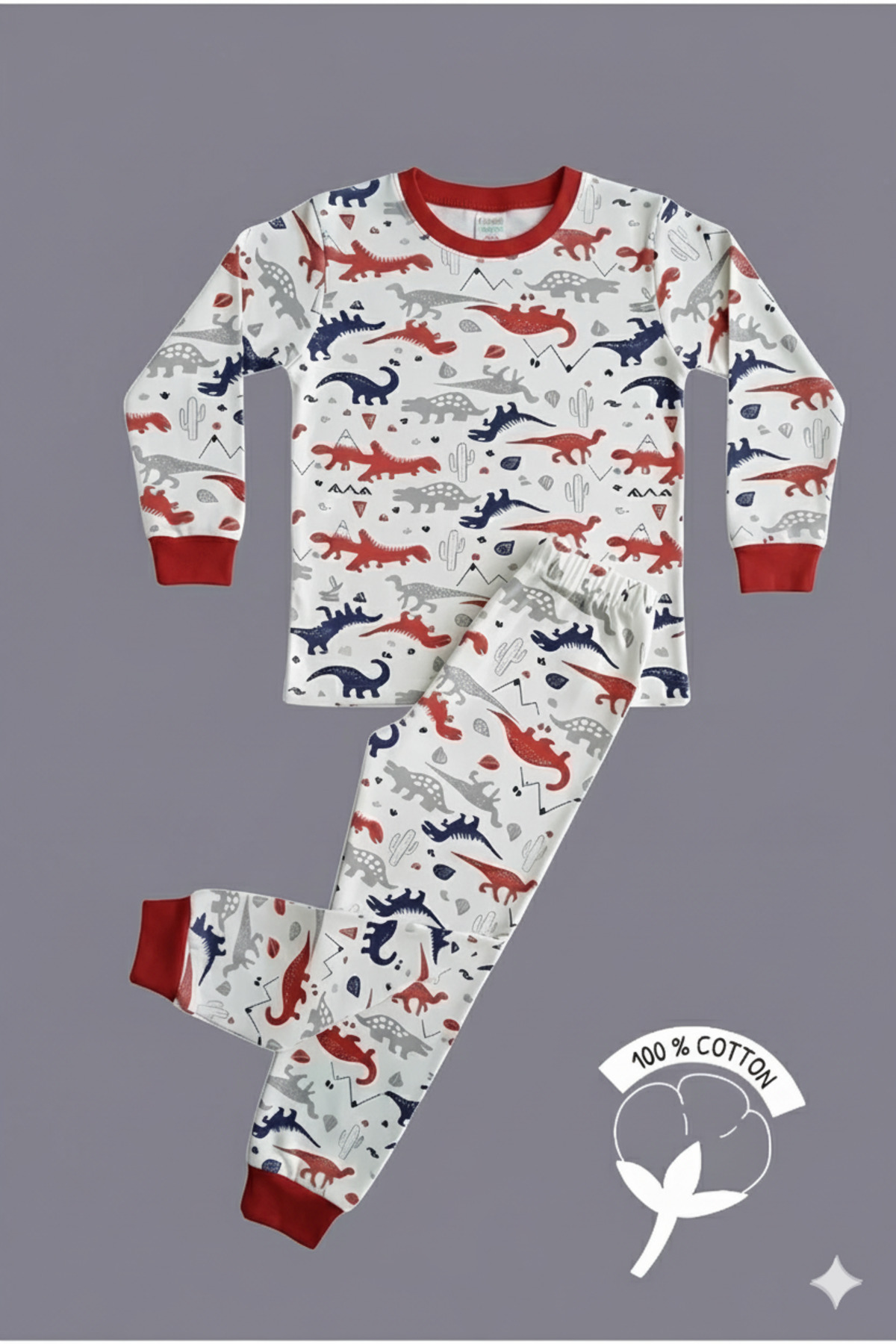 Boys 100% Cotton red Dinosaur Printed Pajamas Set