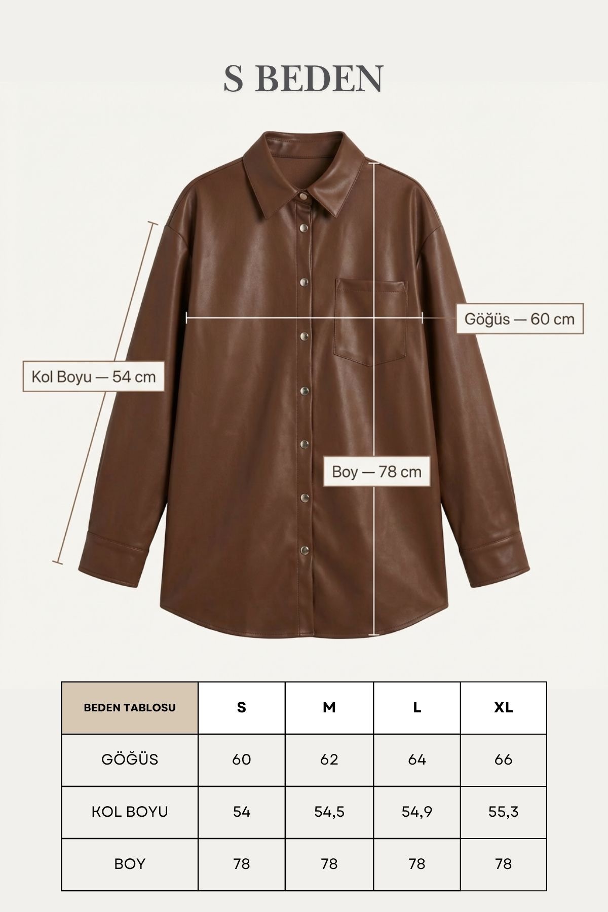 Grenj Fashion  Kahverengi Oversize Cep Detaylı Deri Gömlek - Görsel 8