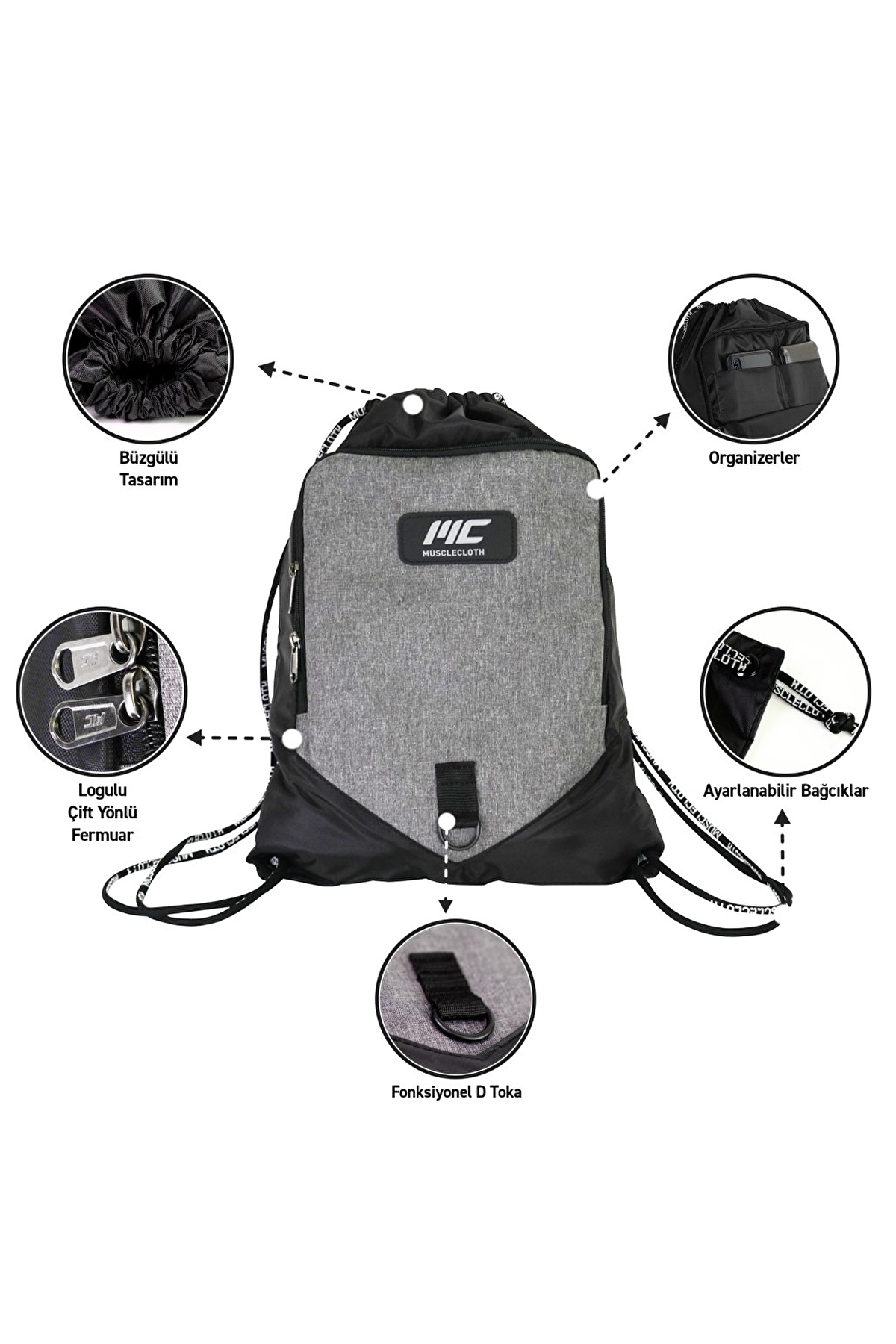 MUSCLECLOTH  Sackpack Spor Çanta Siyah Gri - Görsel 2