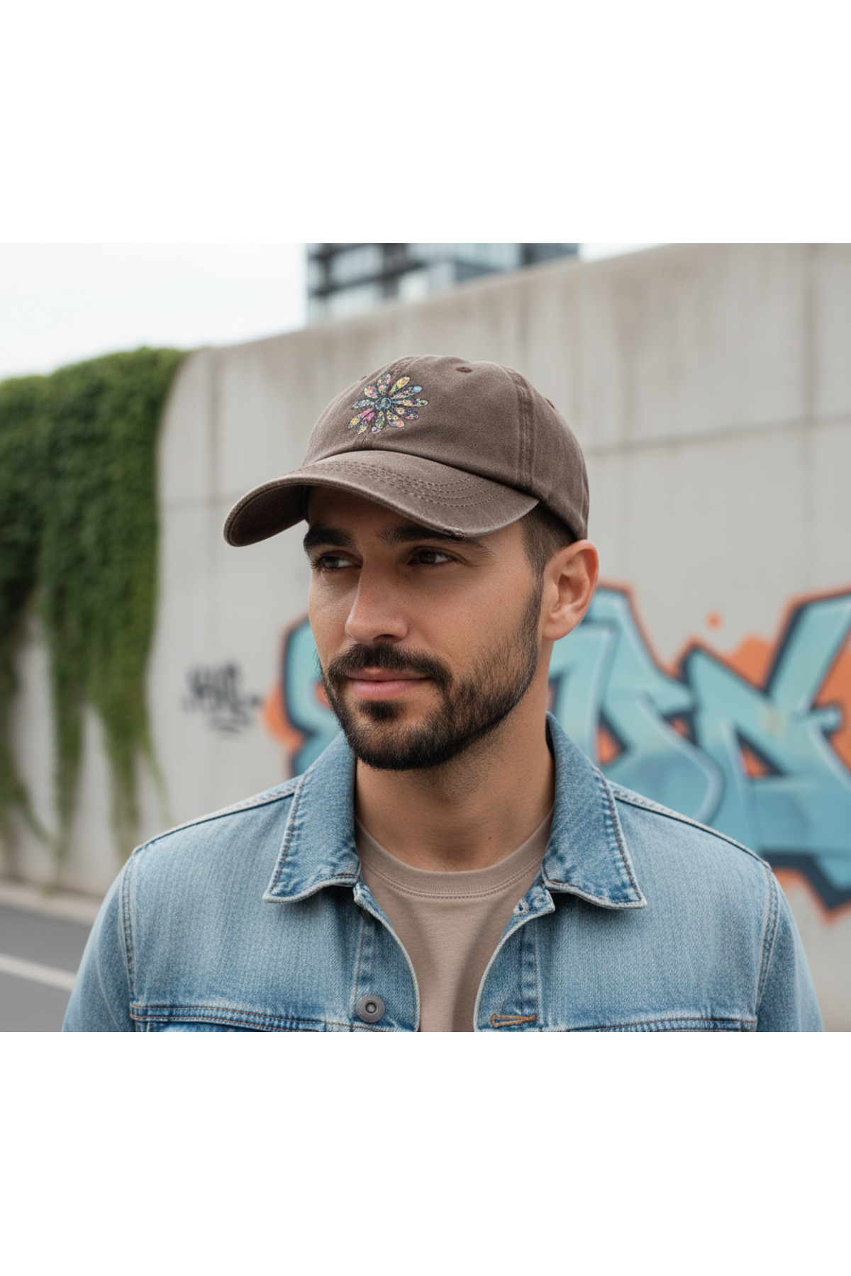DesDesign  Boho Çiçek Peace Baskılı Şapka – Kahverengi Yıkamalı Unisex Cap - Görsel 4