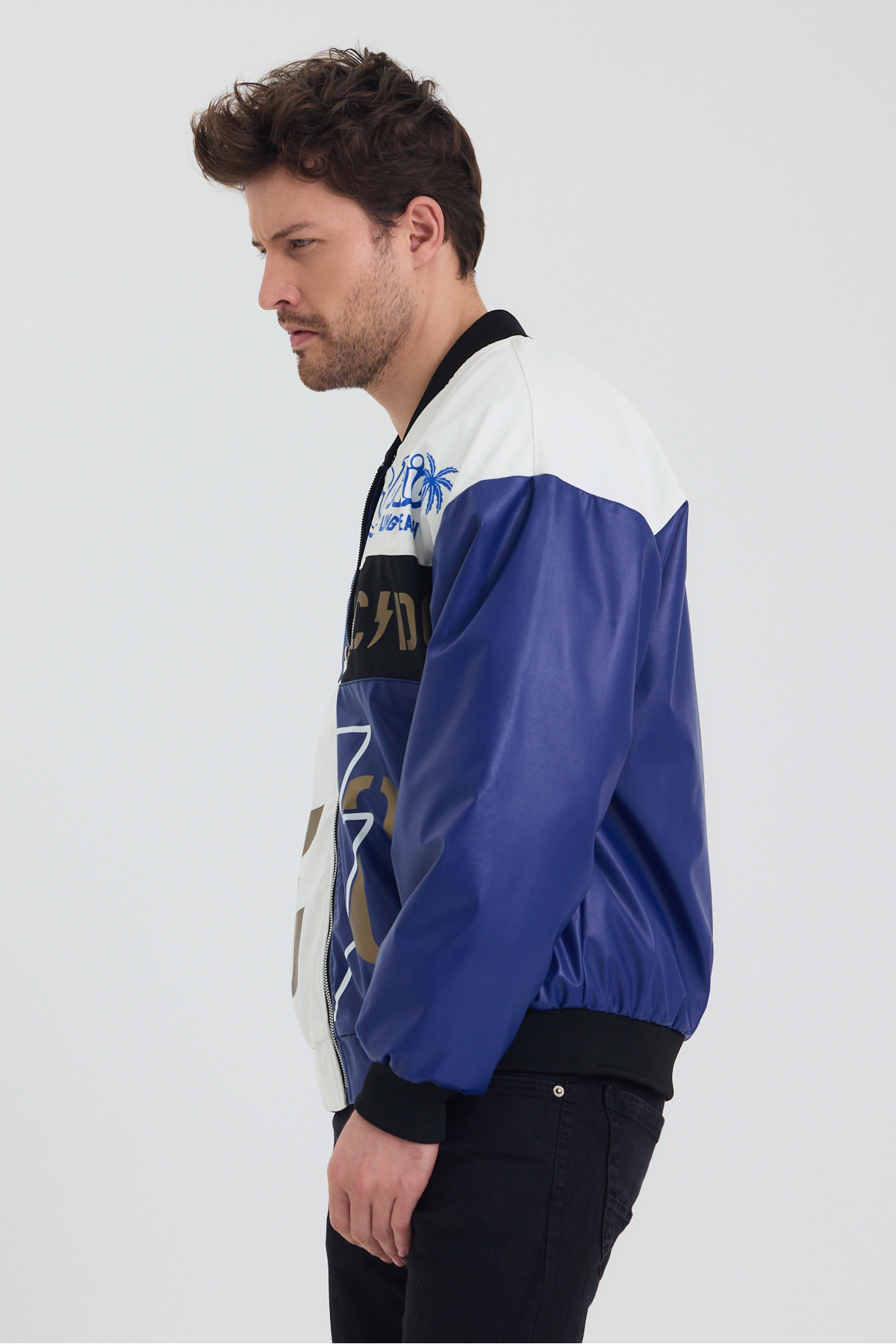 Black Level  Erkek Oversize Deri Garnili Baskılı Motorcu Montu Kolej Ceketi Bomber Günlük Mont - Görsel 6