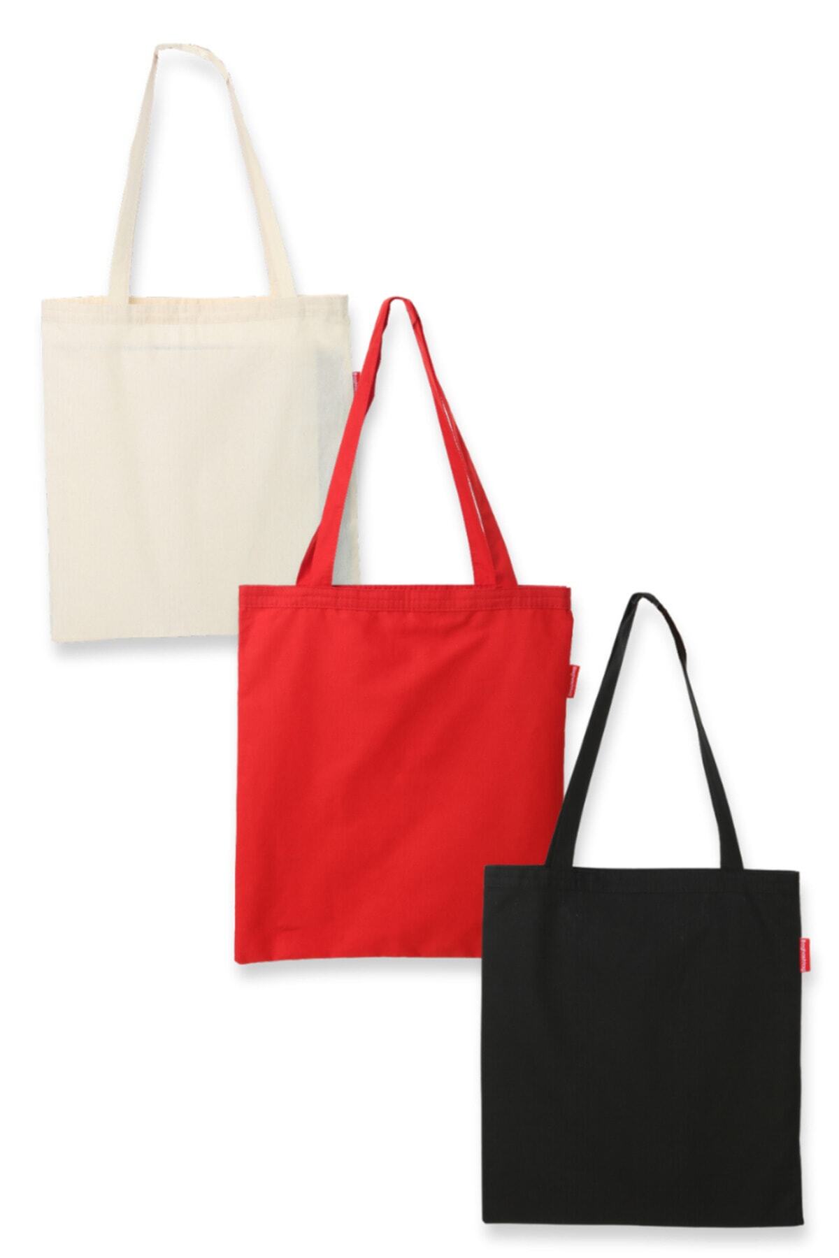 Serkan Çanta Bez Çanta Atölyesi  3 Adet Bez Çanta Siyah-Kırmızı-Krem - Görsel 2