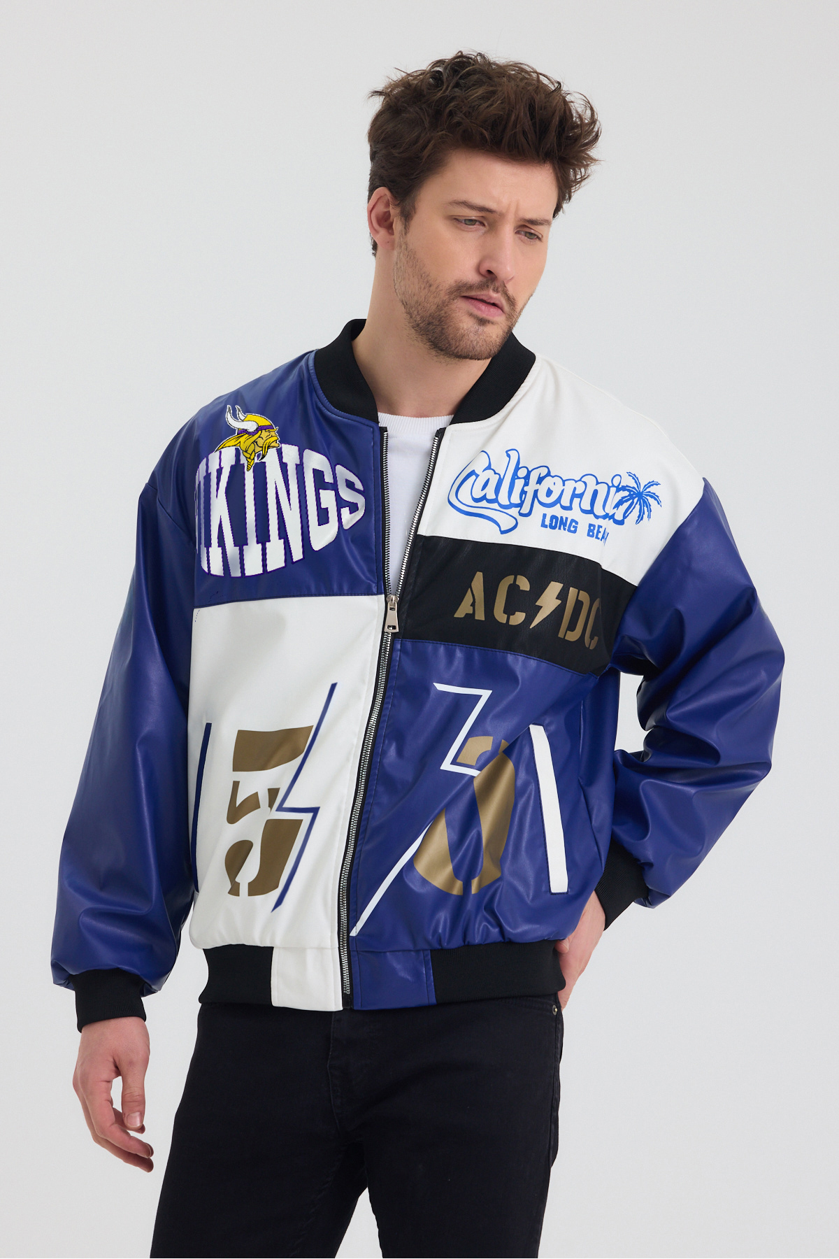 Black Level  Erkek Oversize Deri Garnili Baskılı Motorcu Montu Kolej Ceketi Bomber Günlük Mont - Görsel 5