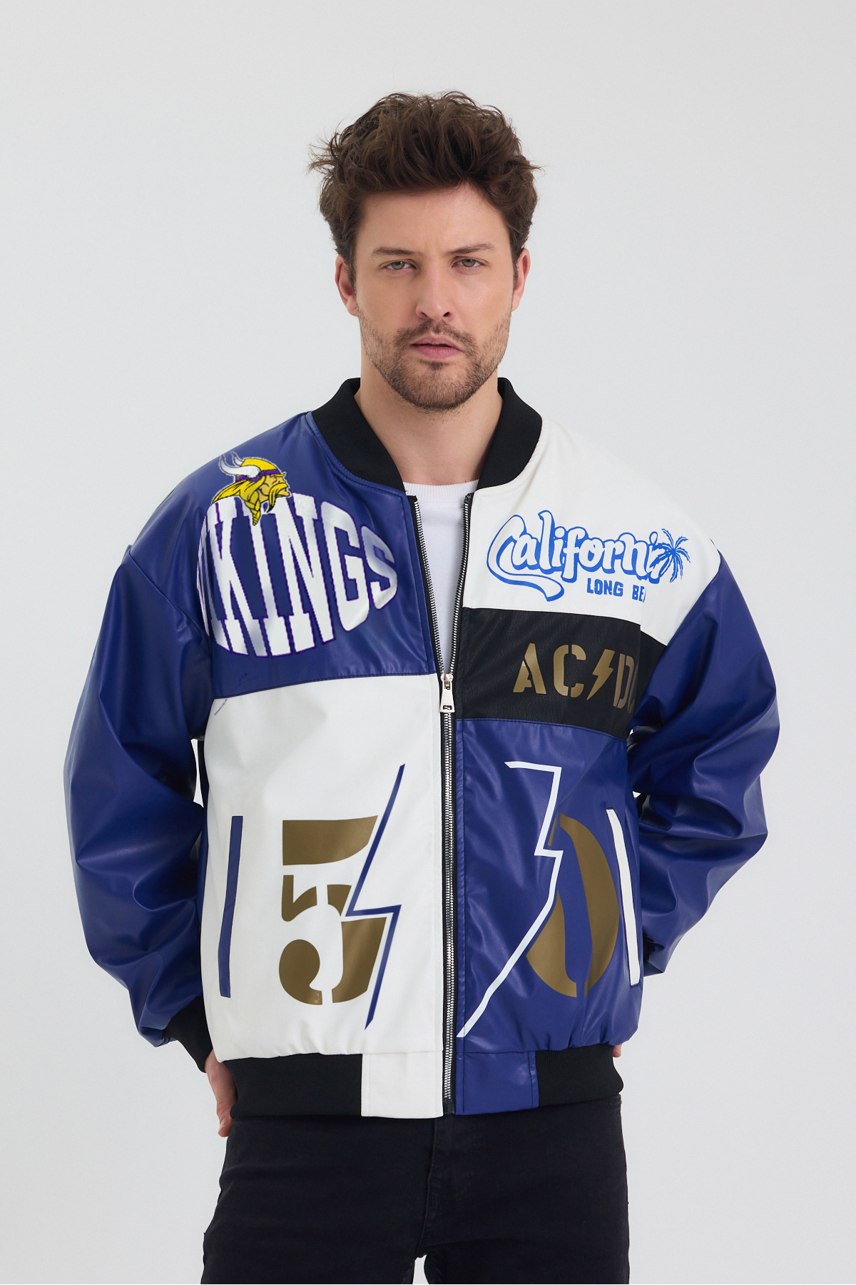 Black Level  Erkek Oversize Deri Garnili Baskılı Motorcu Montu Kolej Ceketi Bomber Günlük Mont - Görsel 3