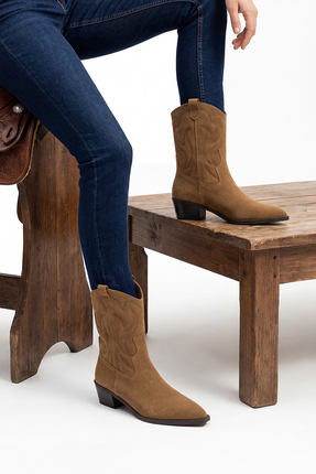 Marjin Kadın Sivri Burun Kovboy Nakışlı Western Bot Nilva Taba Süet