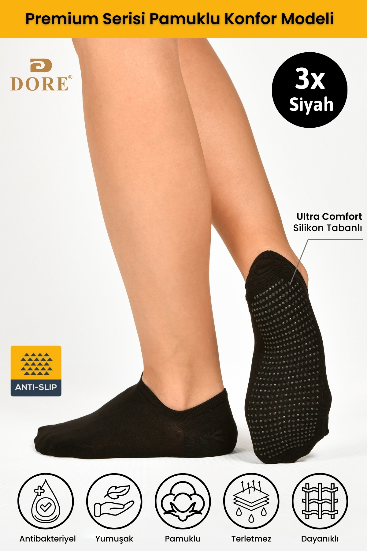 Dore Orijinal Unisex 3 Çift Kaymaz Taban Hac Umre Tavaf Fitness Yoga Pilates Çorap Standart Beden 36-42 görsel 3