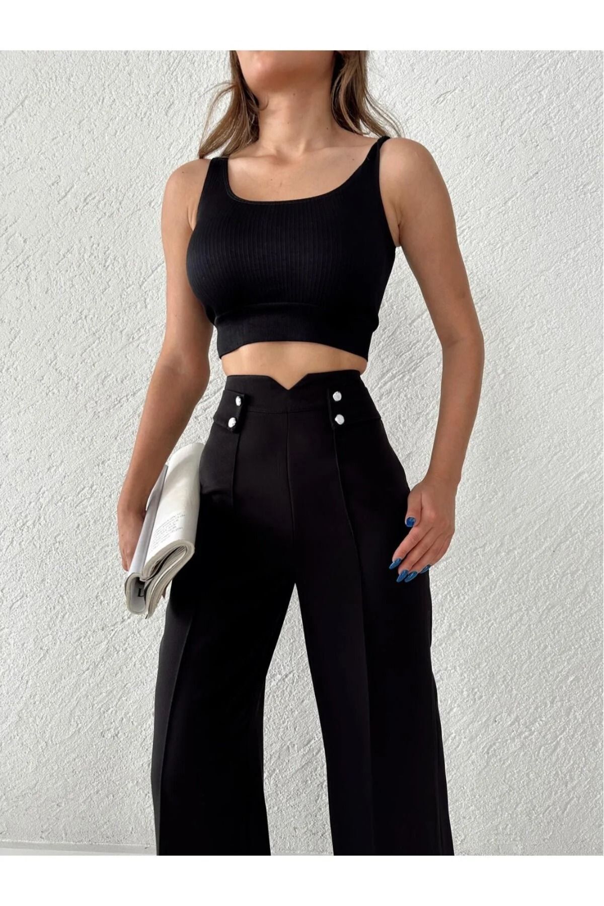 H&A İSTANBUL Kadın siyah Yüksek Bel bol paça Palazzo Düğmeli Detay Slim Fit Kalip Pantolon görsel 3