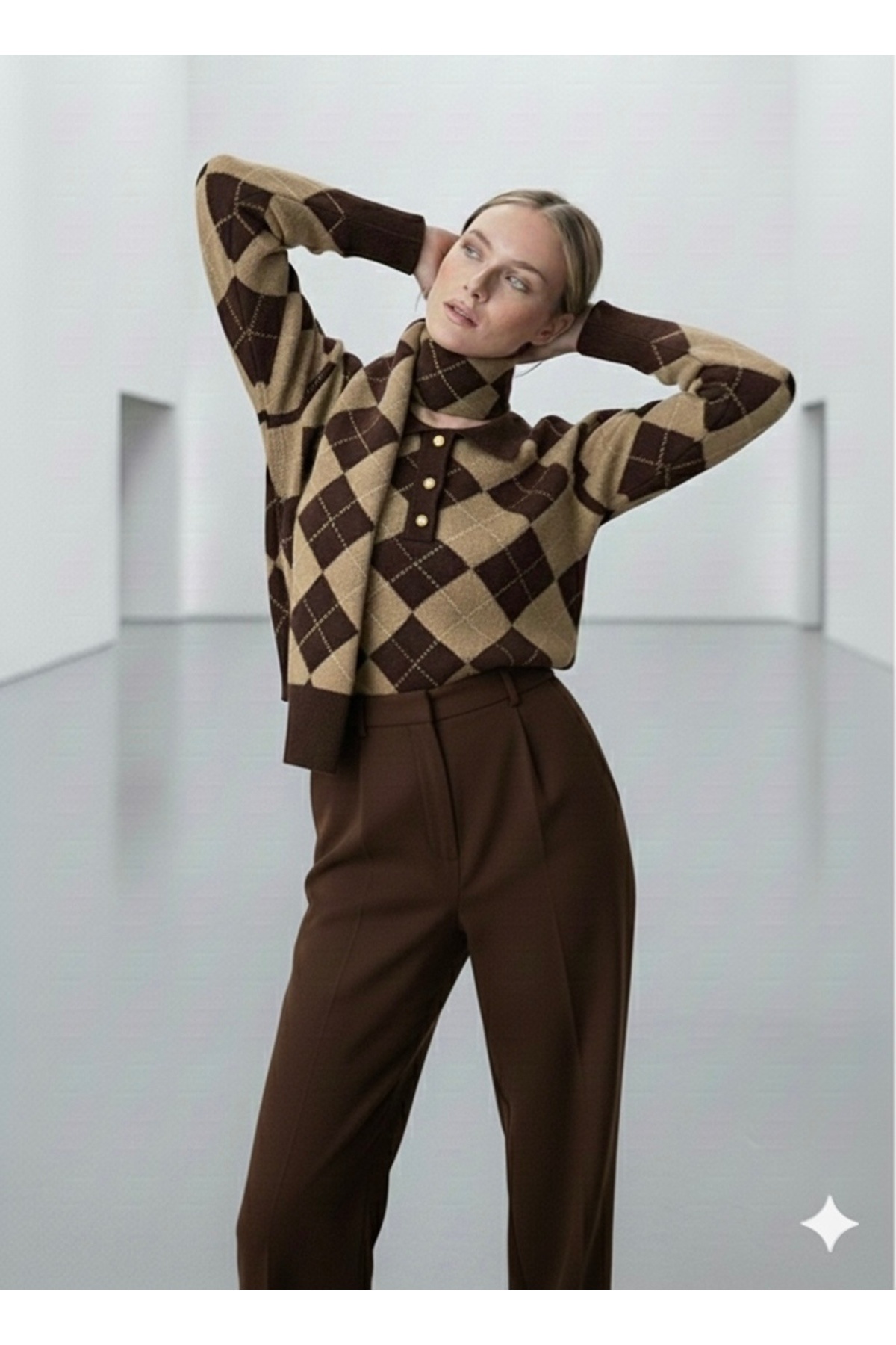 NEW SEASON Women's Diamond Patterned Alya Knitwear Sweater & Scarf Set 0063