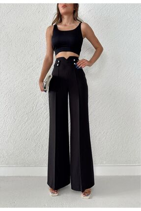 H&A İSTANBUL Kadın siyah Yüksek Bel bol paça Palazzo Düğmeli Detay Slim Fit K...
