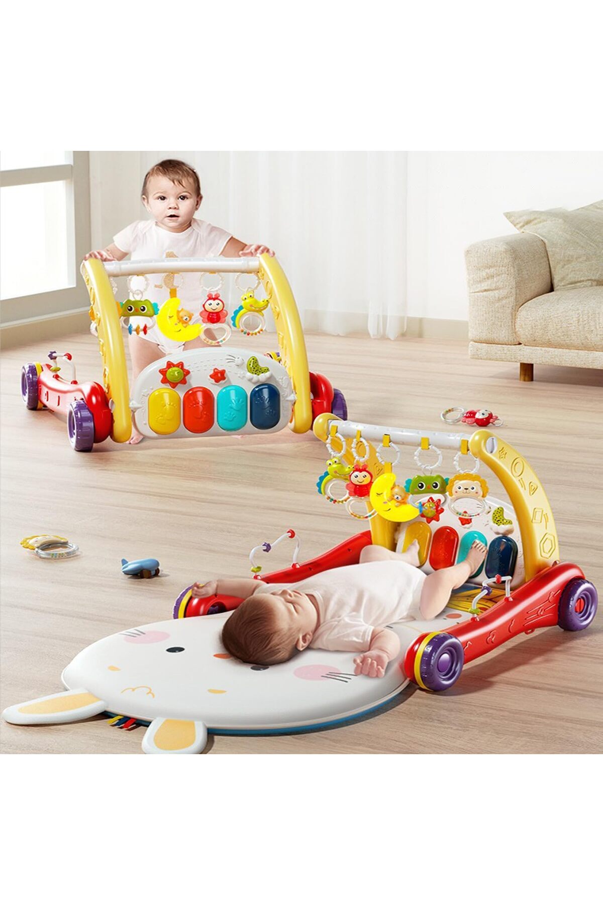 cayenna Oyuncak Piyanolu 2 in 1 Bebek Yürüteci ve Tavşan Desenli Kırmızı Oyun Halısı Sesli Işıklı fotoğrafı 5 (önizleme)