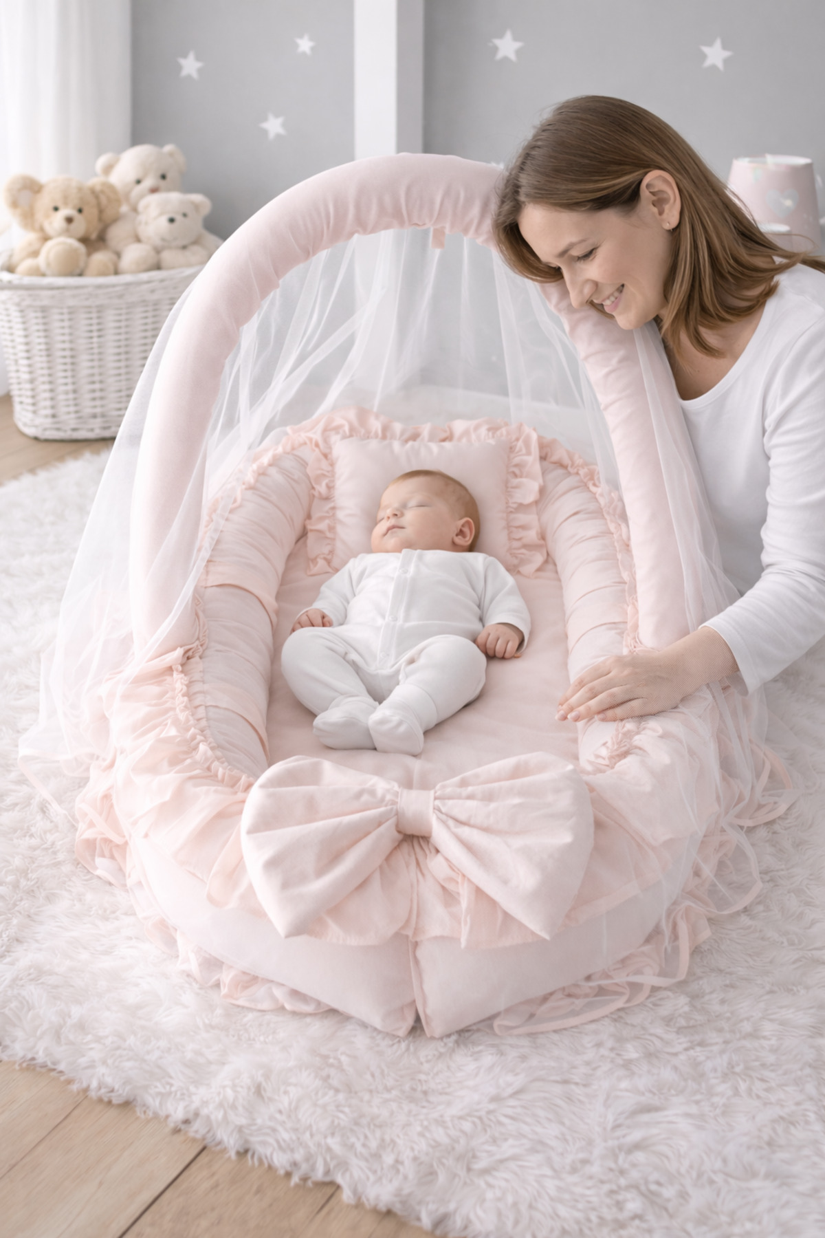 Jaju Baby Somon Cibinlik Tüllü - Oyuncak Askılı Lüx Tasarım Fırfırlı Babynest - Güvenli Premium Jaju Babynest fotoğrafı 2 (önizleme)