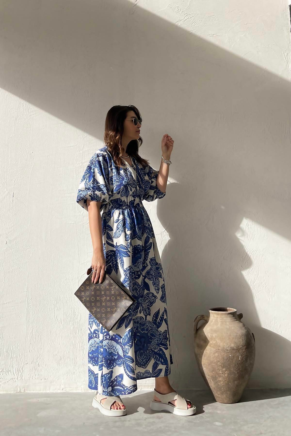 HAKKE  Bel Lastikli Yarasa Kol Keten Elbise - Görsel 2