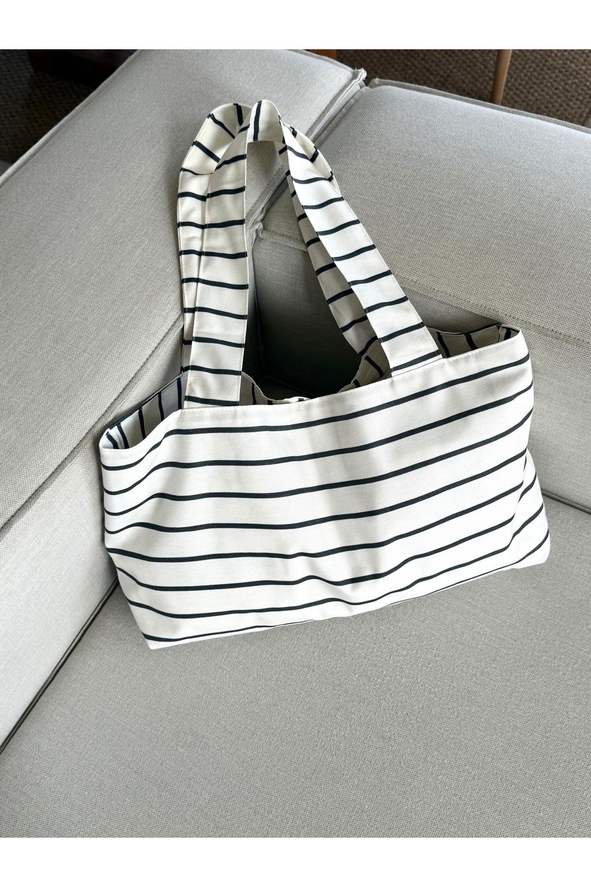 LUNAFEL  Antrasit Çizgili Kanvas El Kol Omuz Çantası - Su Geçirmez Kumaş - Tote Bez El Kol Ve Omuz Çantası - Görsel 4