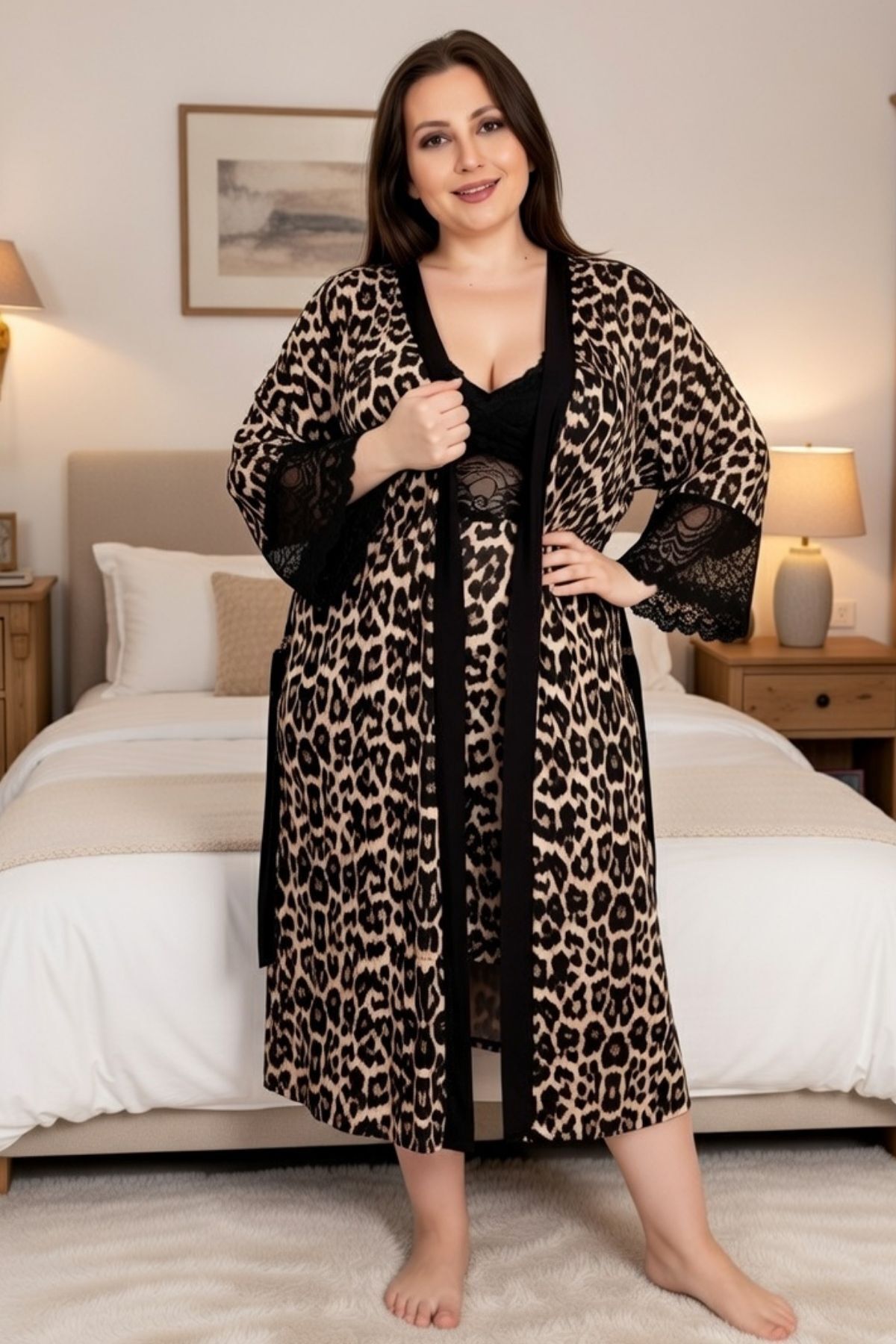 tarzımsüper  Büyük Beden Sabahlıklı Gecelik Takım Pamuklu Askılı Örme Kumaş Şık Gecelik Takım - Görsel 7