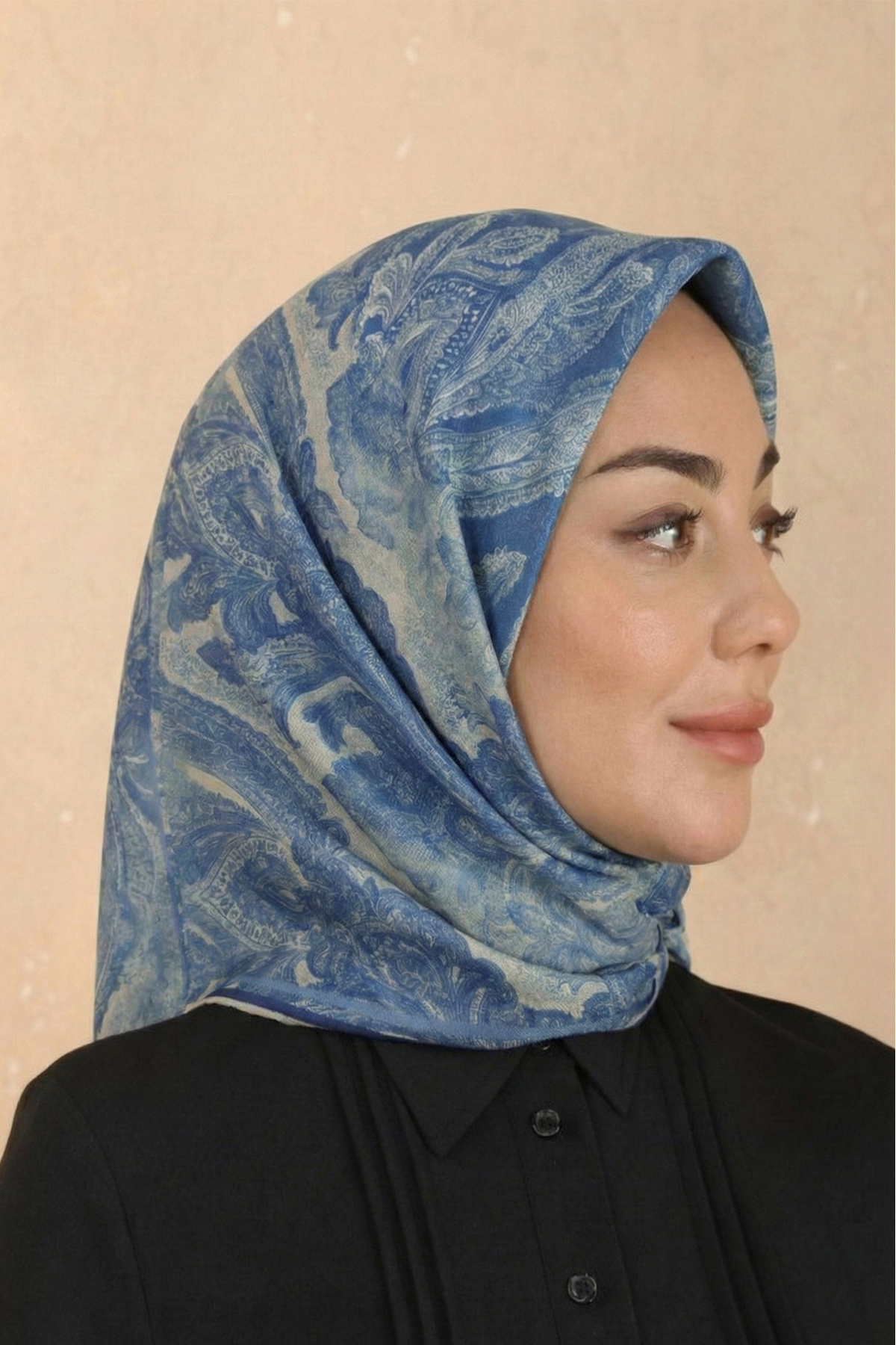 Mavi Desenli Soft Keten Eşarp