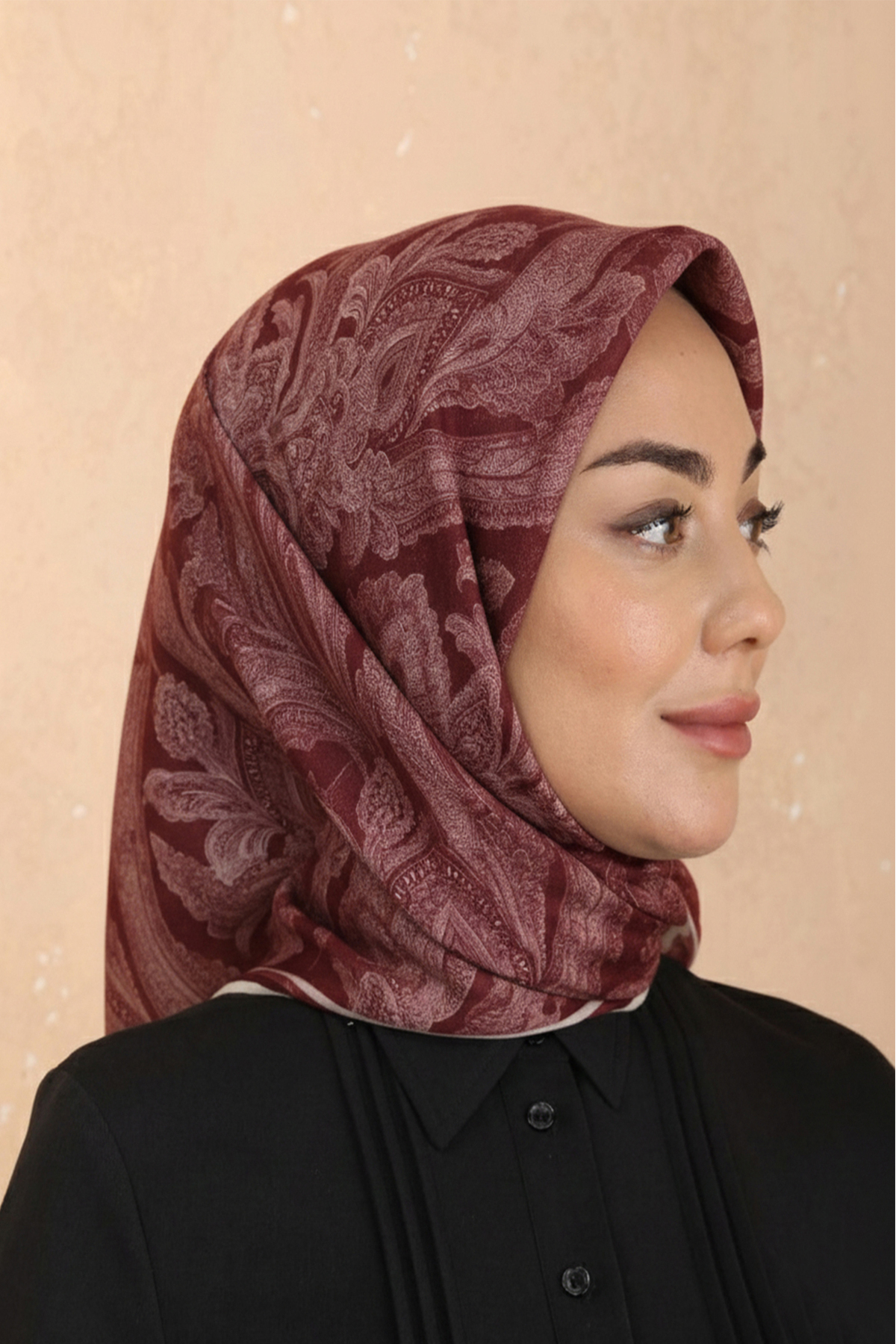 Bordo Desenli Soft Keten Eşarp