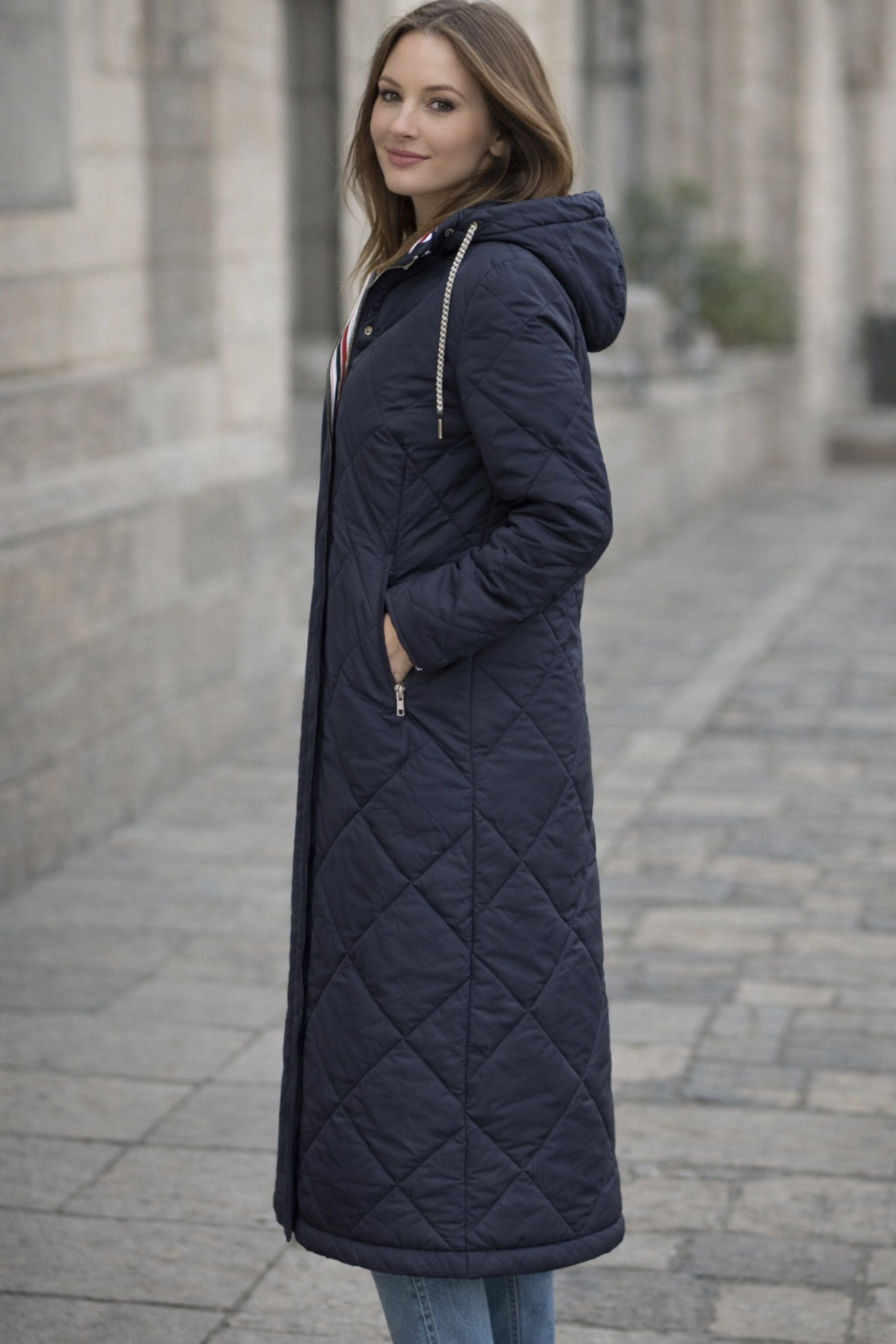 PALMERO  ŞİŞME UZUN KAPİTONE MONT ŞERİTLİ / BAKLAVA DESEN - Görsel 3