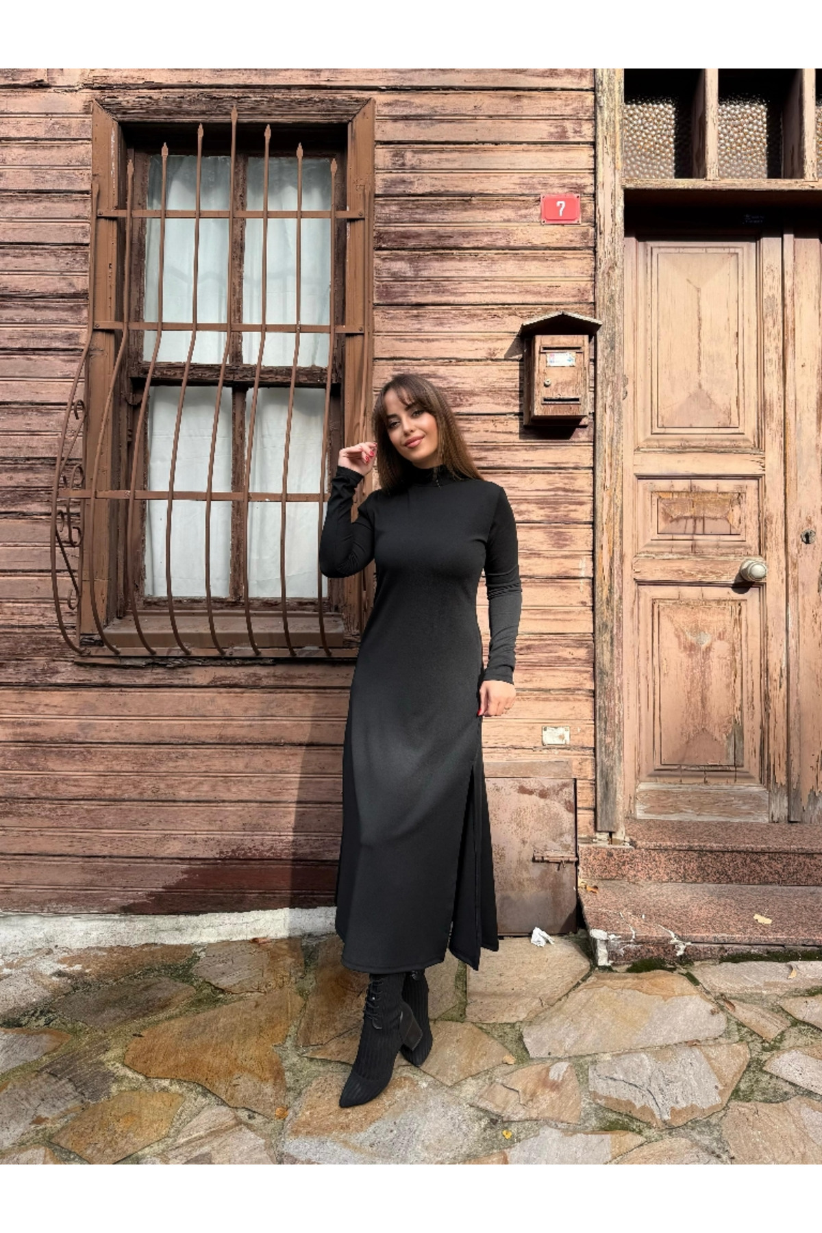 Dressify women 'S fashion WOMEN'S Long Sleeve Turtleneck Deep Slit Detail Crepe Dress