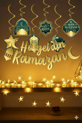 Patladı Gitti Hoşgeldin Ramazan Gold Yazı- Yıldız Led ve Tavan Süs Set, Ramaz...